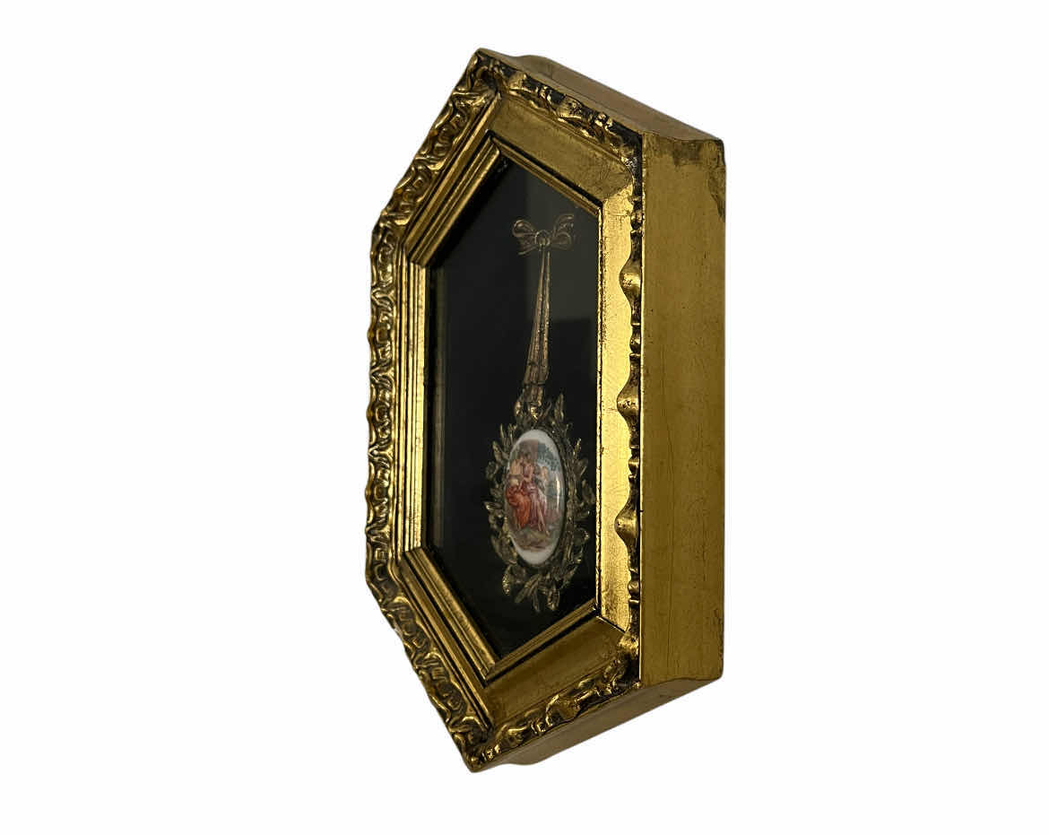 View 3 of EARLY-CENTURY ENAMELED PORTRAIT BRASS PENDANT FRAMED SHADOW BOX WALL ART 7.5” X 10.5”