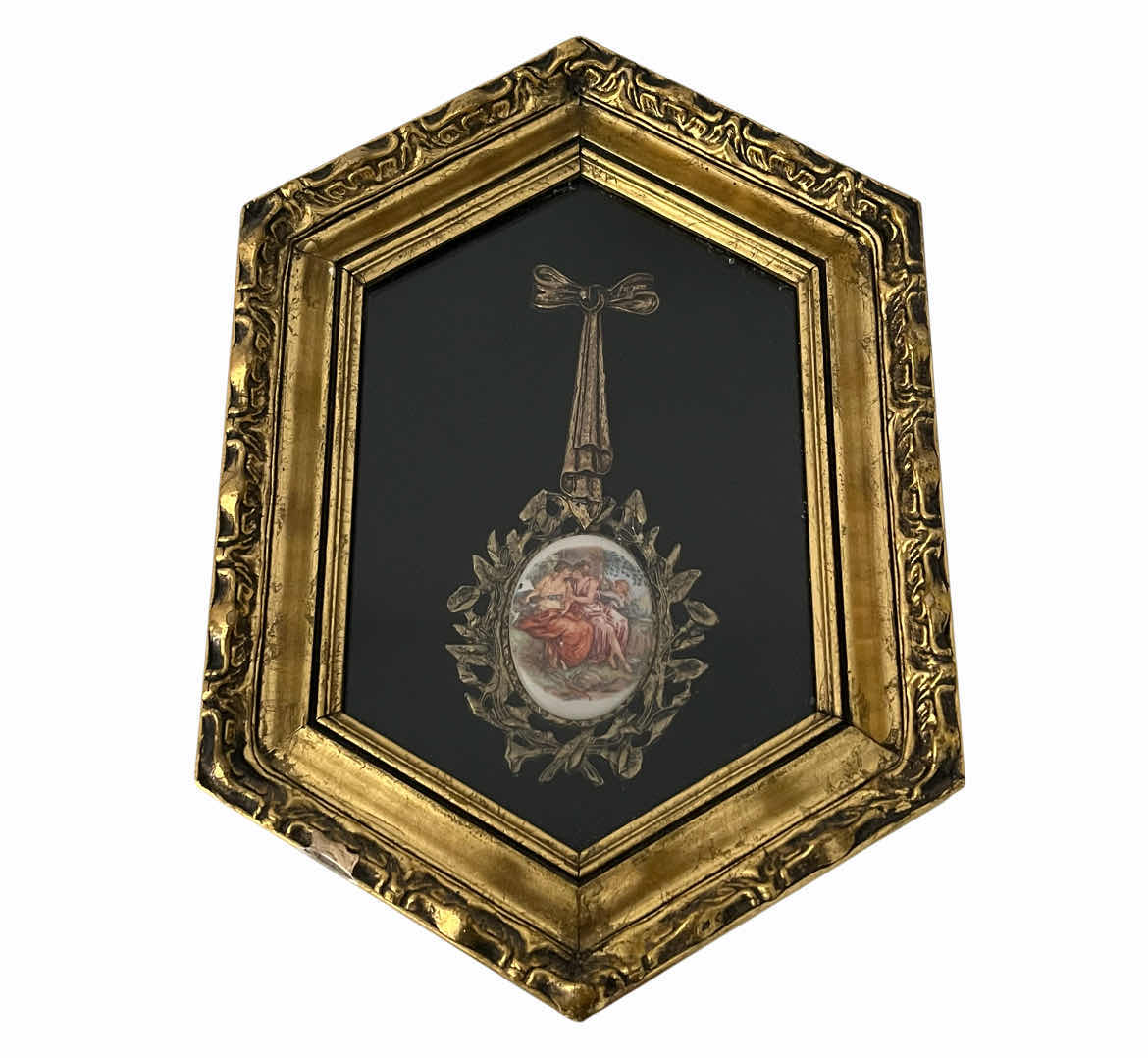 View 1 of EARLY-CENTURY ENAMELED PORTRAIT BRASS PENDANT FRAMED SHADOW BOX WALL ART 7.5” X 10.5”
