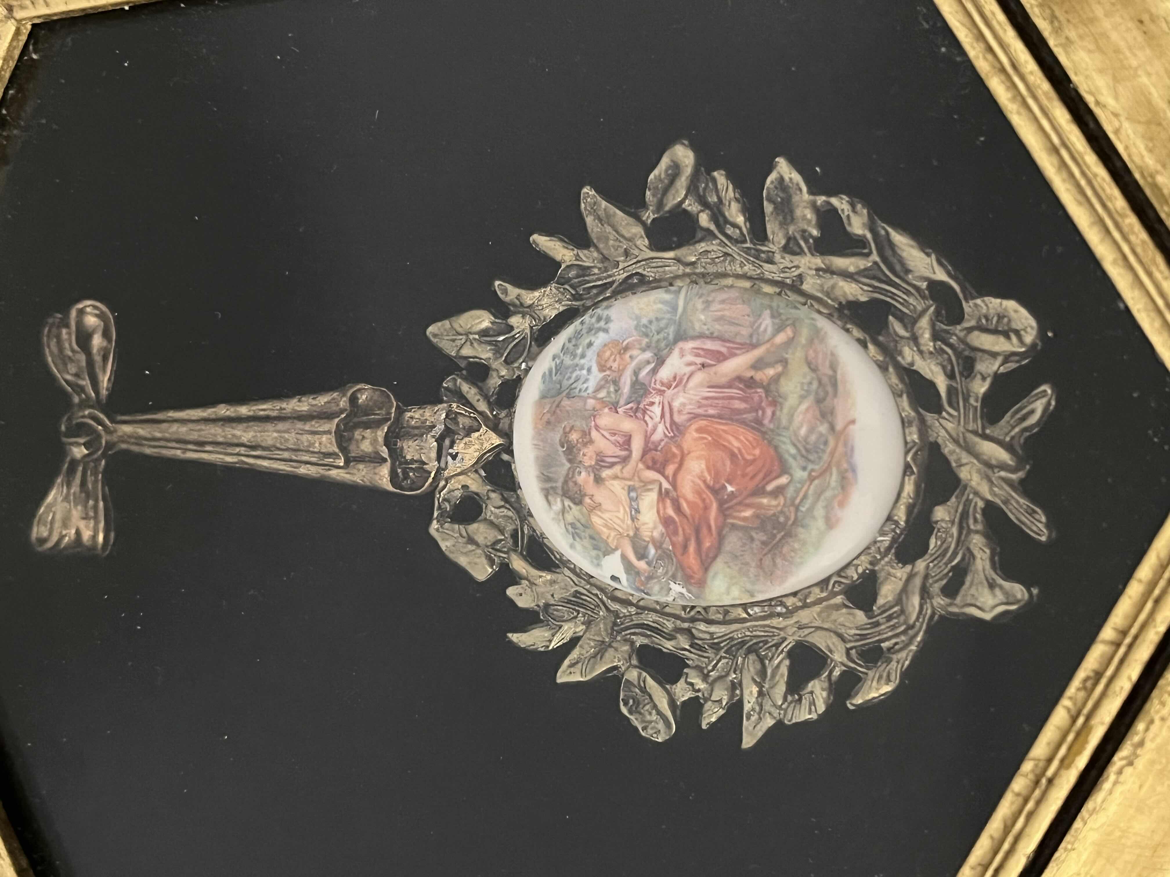 View 2 of EARLY-CENTURY ENAMELED PORTRAIT BRASS PENDANT FRAMED SHADOW BOX WALL ART 7.5” X 10.5”