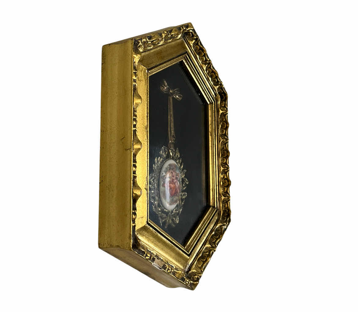 View 4 of EARLY-CENTURY ENAMELED PORTRAIT BRASS PENDANT FRAMED SHADOW BOX WALL ART 7.5” X 10.5”