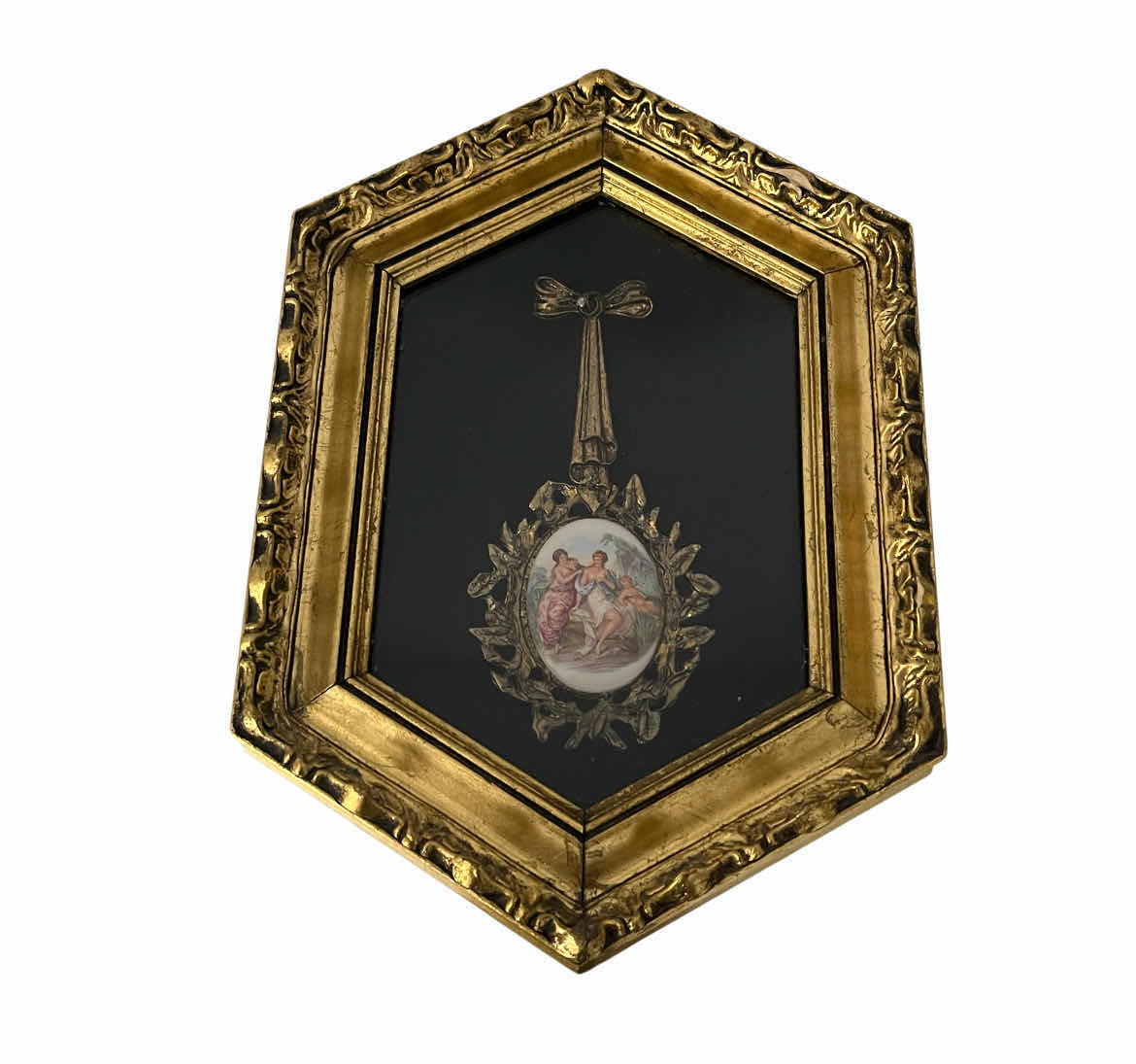 View 1 of EARLY-CENTURY ENAMELED PORTRAIT BRASS PENDANT FRAMED SHADOW BOX WALL ART 7.5” X 10.5”