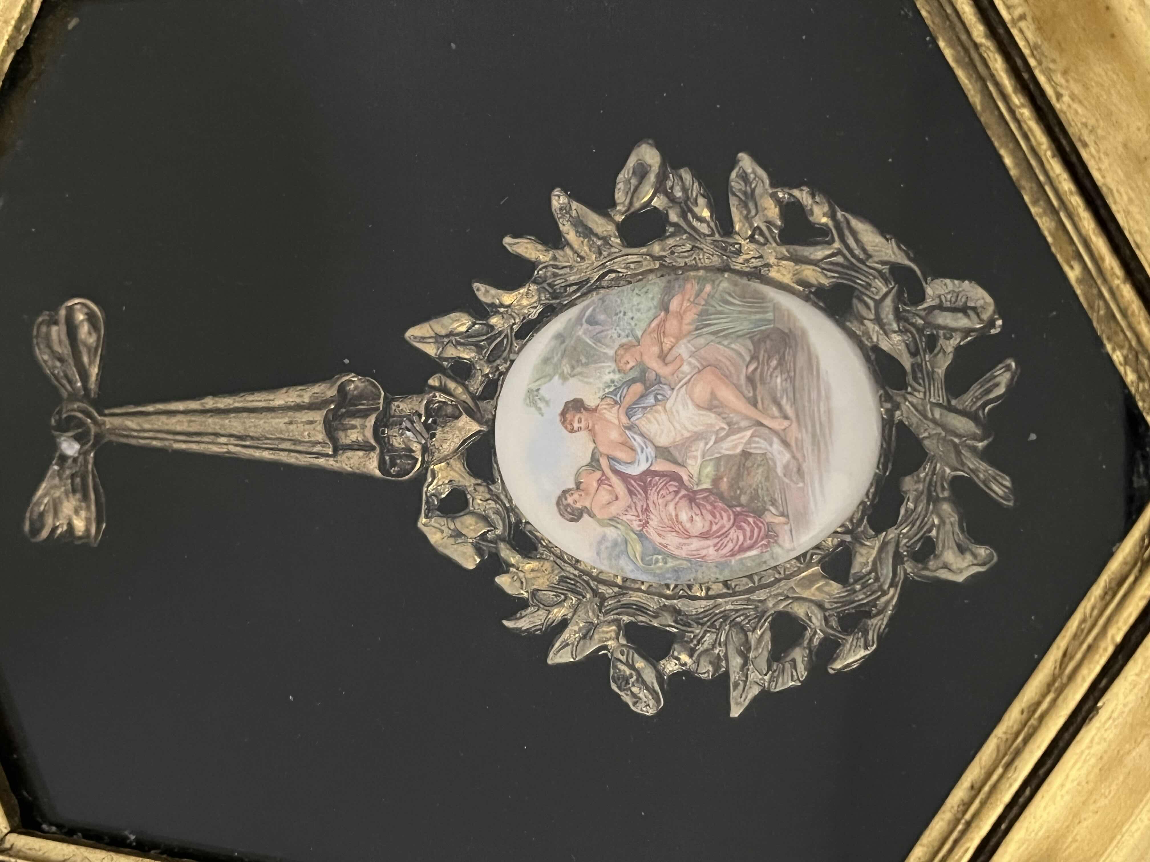 View 2 of EARLY-CENTURY ENAMELED PORTRAIT BRASS PENDANT FRAMED SHADOW BOX WALL ART 7.5” X 10.5”