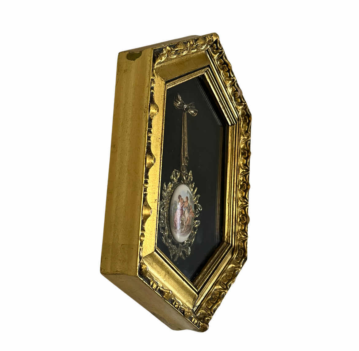 View 4 of EARLY-CENTURY ENAMELED PORTRAIT BRASS PENDANT FRAMED SHADOW BOX WALL ART 7.5” X 10.5”