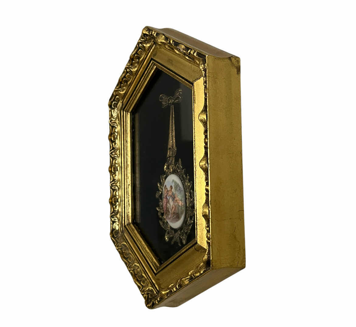 View 3 of EARLY-CENTURY ENAMELED PORTRAIT BRASS PENDANT FRAMED SHADOW BOX WALL ART 7.5” X 10.5”