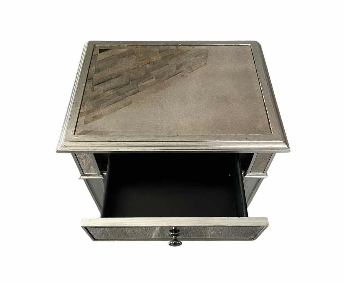 View 4 of PIER ONE MIRROR PANELED ANTIQUE SILVER FINISH WOOD 1 DRAWER NIGHTSTAND 22” X 16” H28”