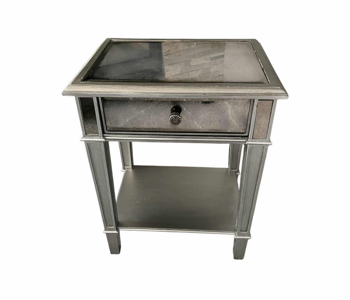 View 1 of PIER ONE MIRROR PANELED ANTIQUE SILVER FINISH WOOD 1 DRAWER NIGHTSTAND 22” X 16” H28”