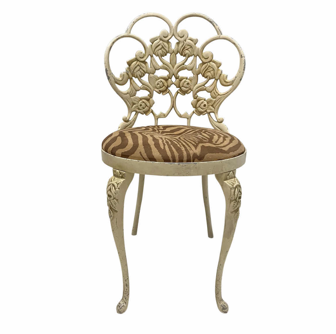 Photo 1 of KESSLER INC VINTAGE ZEBRA UPHOLSTERED FLORAL FRAMED METAL CHAIR 16” X 16” H31”