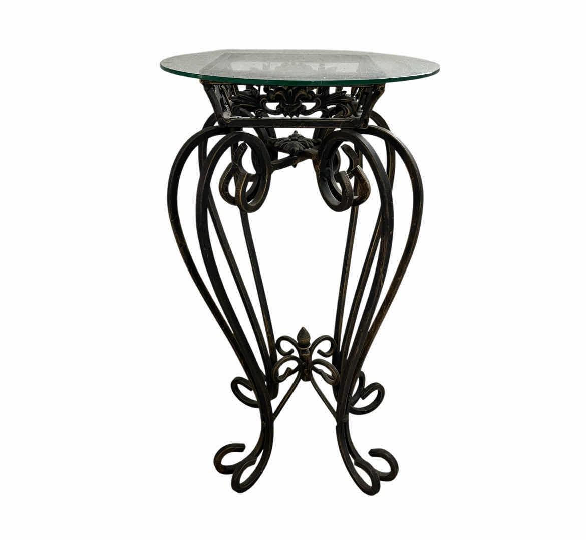 Photo 1 of AGED BRONZE WROUGHT IRON GLASS TOP ACCENT TABLE 14” X 24”