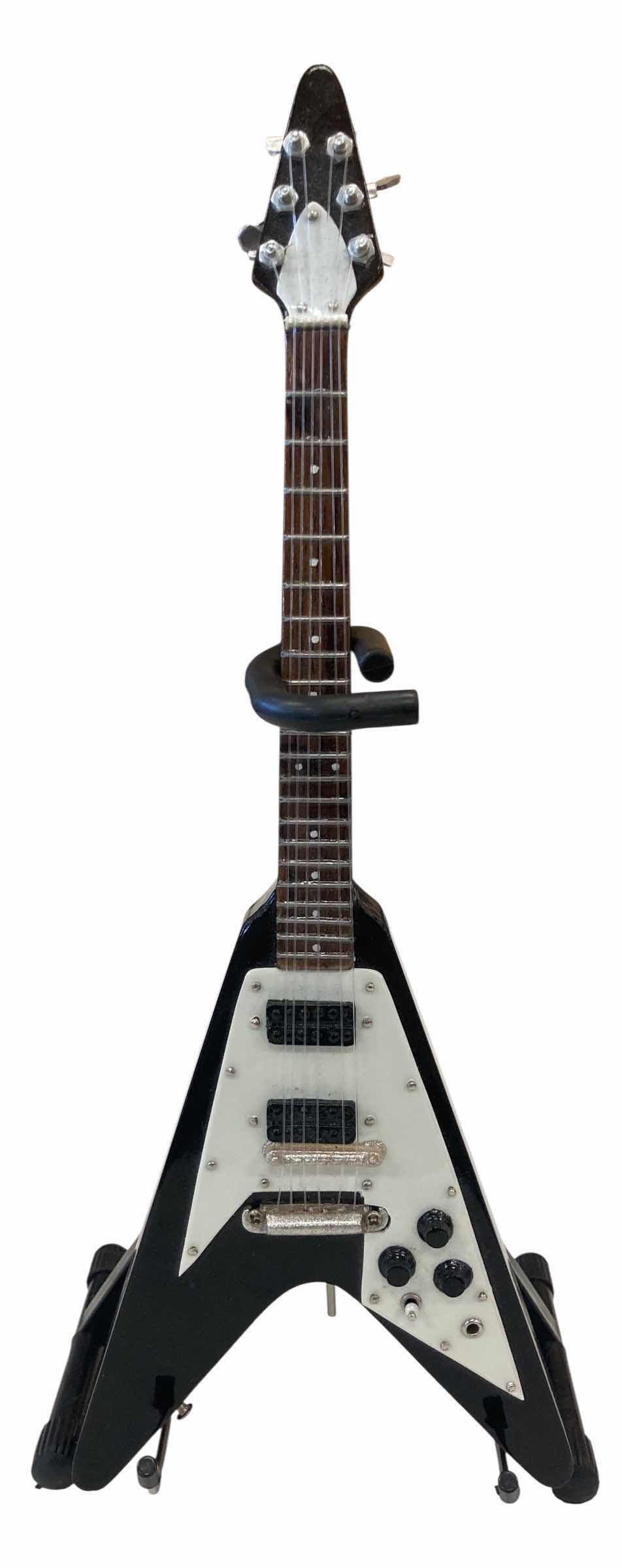 Photo 1 of AXE HEAVEN MINIATURE GUITARS BLACK FLYING V ELECTRIC GUITAR W STAND H9.5”