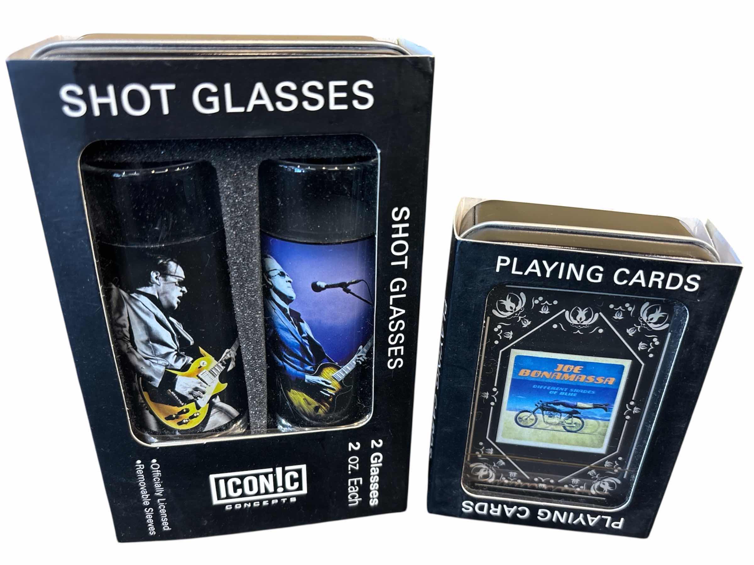 Photo 1 of NEW ICONIC CONCEPTS JOE BONAMASSA 2 OZ SHOT GLASS SET OF 2 & SET OF PLAYING CARDS