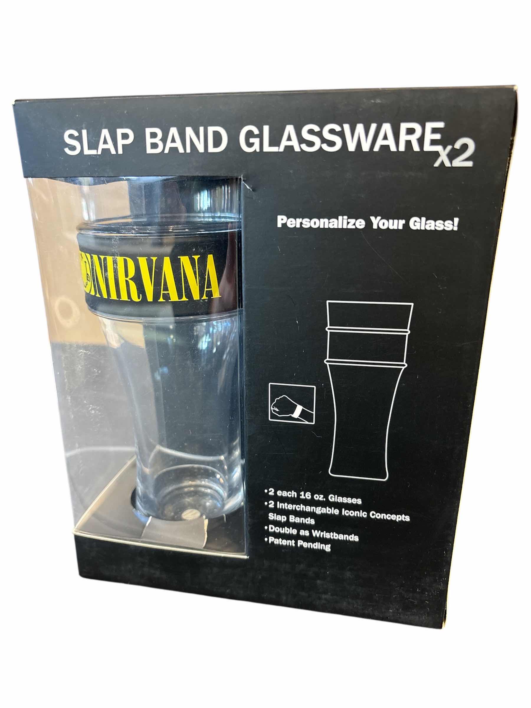 Photo 1 of NEW ICONIC CONCEPTS NIRVANA W SMILEY FACE SLAP BAND GLASSWARE SET OF 2,  TWO 16 OZ GLASSES W 2 INTERCHANGEABLE WRISTBANDS