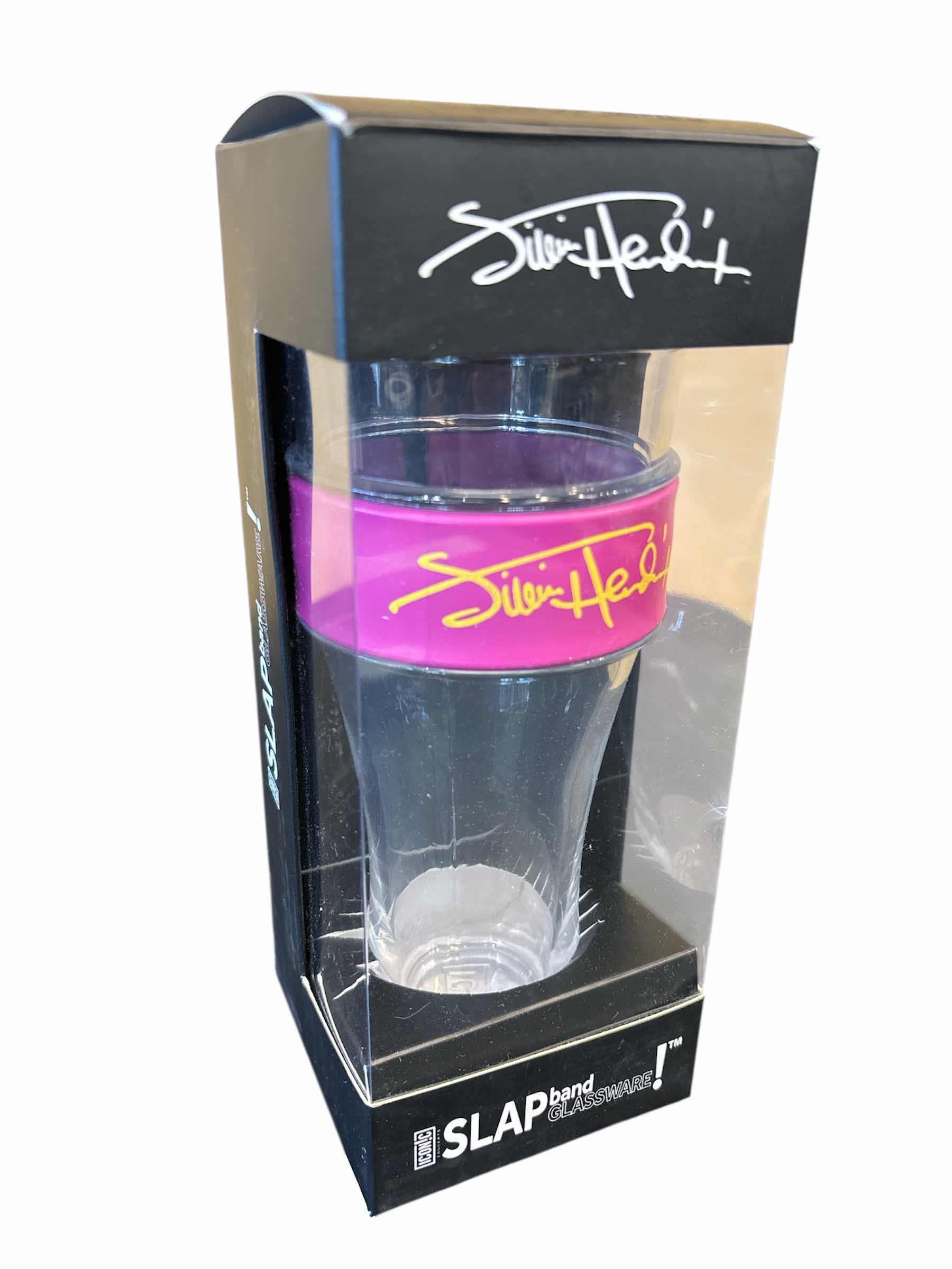 Photo 1 of NEW ICONIC CONCEPTS JIMI HENDRIX (FUCHSIA/YELLOW) 16 OZ GLASS W INTERCHANGEABLE WRISTBAND SLAP BAND