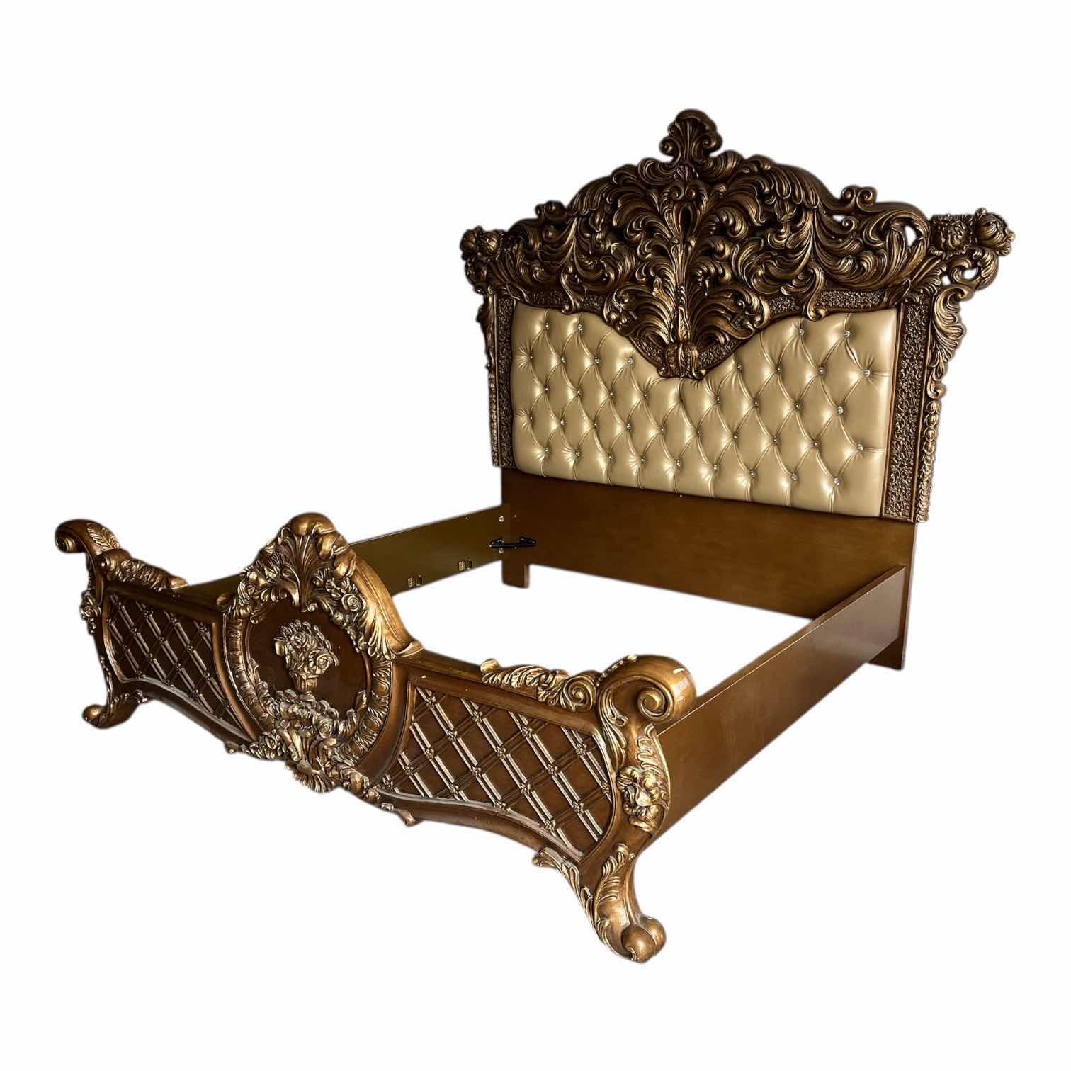 Photo 1 of ACNE FURNITURE CONSTANTINE COLLECTION GOLD ACCENTED FINISH WOOD KING BED FRAME 96” X 92.5” H90” (READ NOTES)