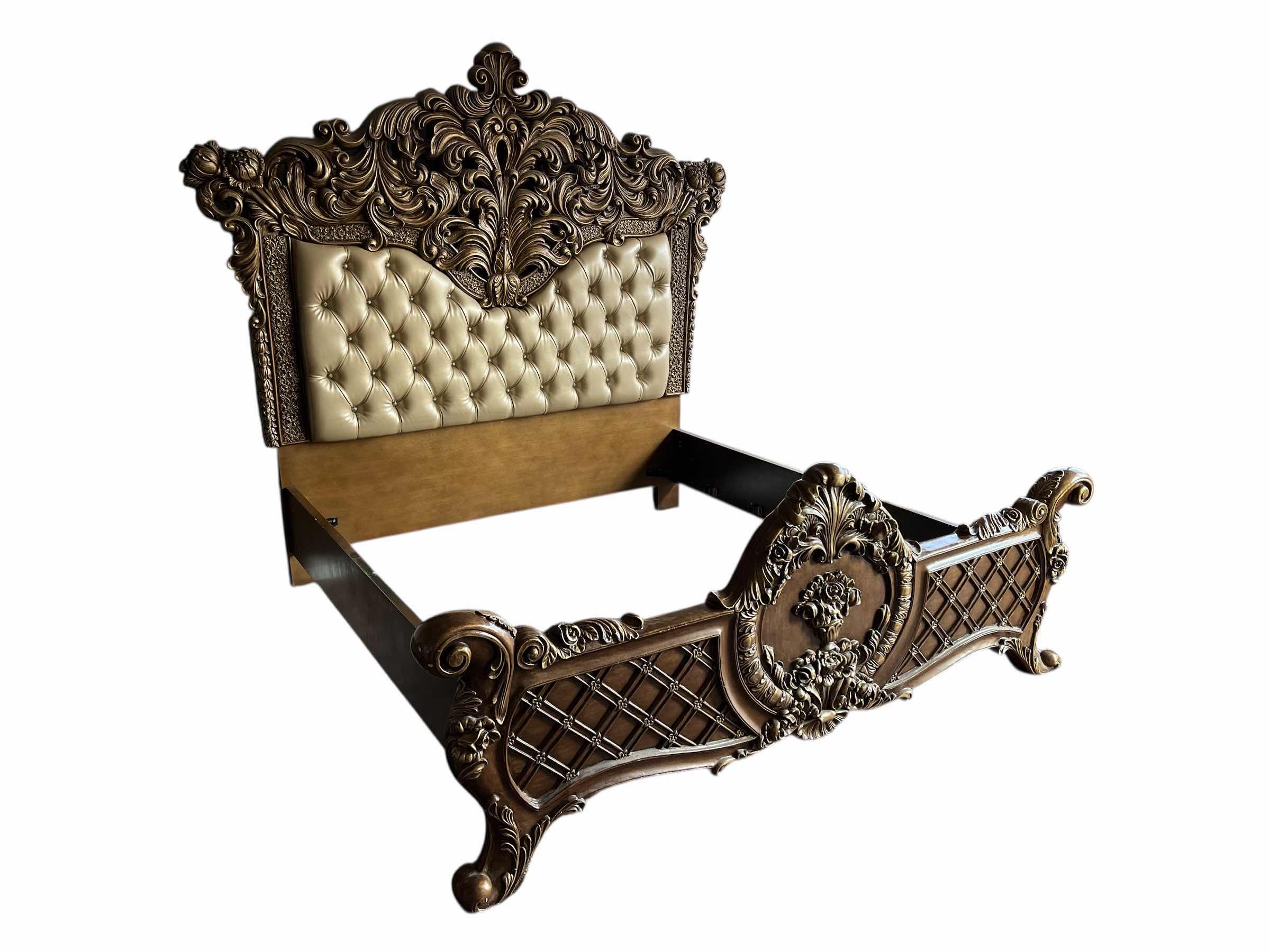 Photo 1 of ACNE FURNITURE CONSTANTINE COLLECTION GOLD ACCENTED FINISH WOOD KING BED FRAME 96” X 92.5” H90” (READ NOTES)