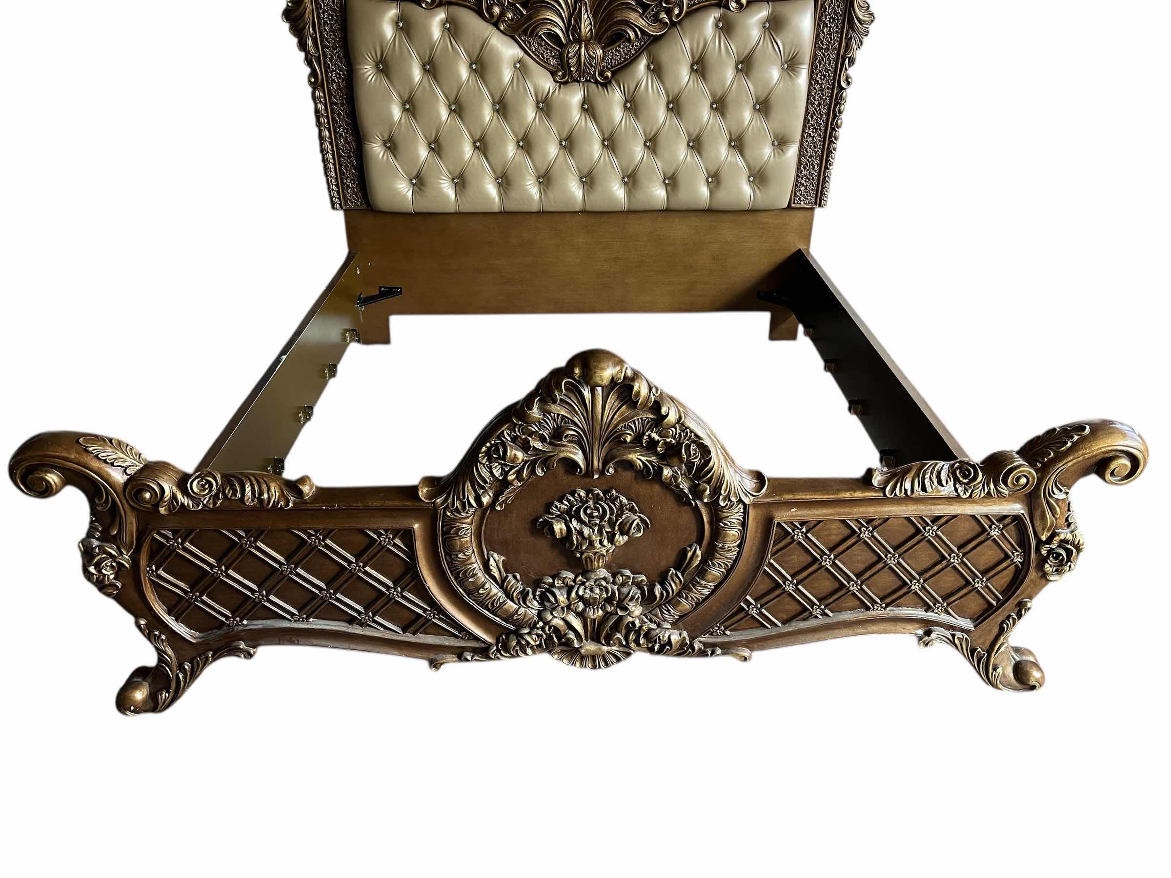 Photo 1 of ACNE FURNITURE CONSTANTINE COLLECTION GOLD ACCENTED FINISH WOOD KING BED FRAME 96” X 92.5” H90” (READ NOTES)