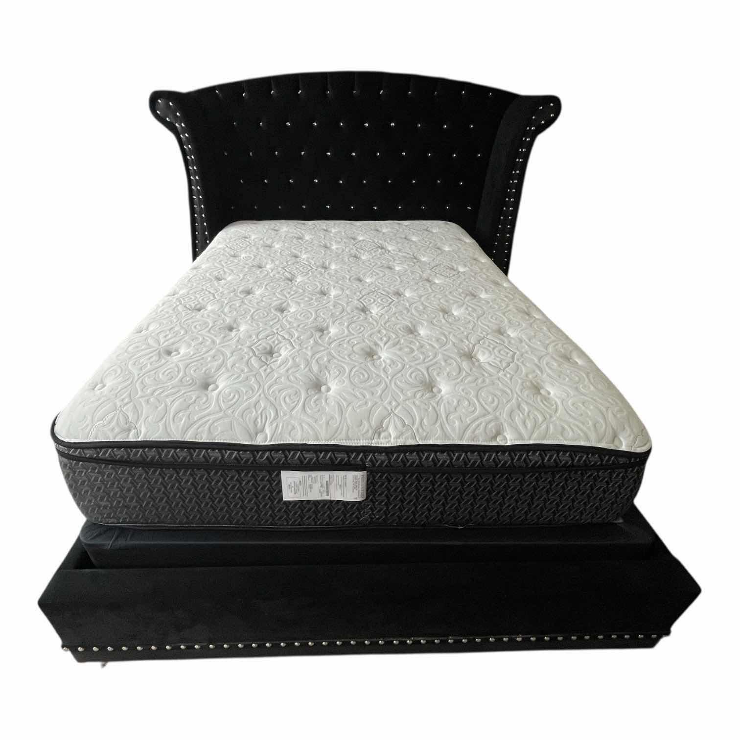 Photo 1 of COASTER BARZINI BLACK UPHOLSTERED OUEEN PLATFORM BED W CORSICANA QUEEN MATTRESS & BOX SPRING (READ NOTES)