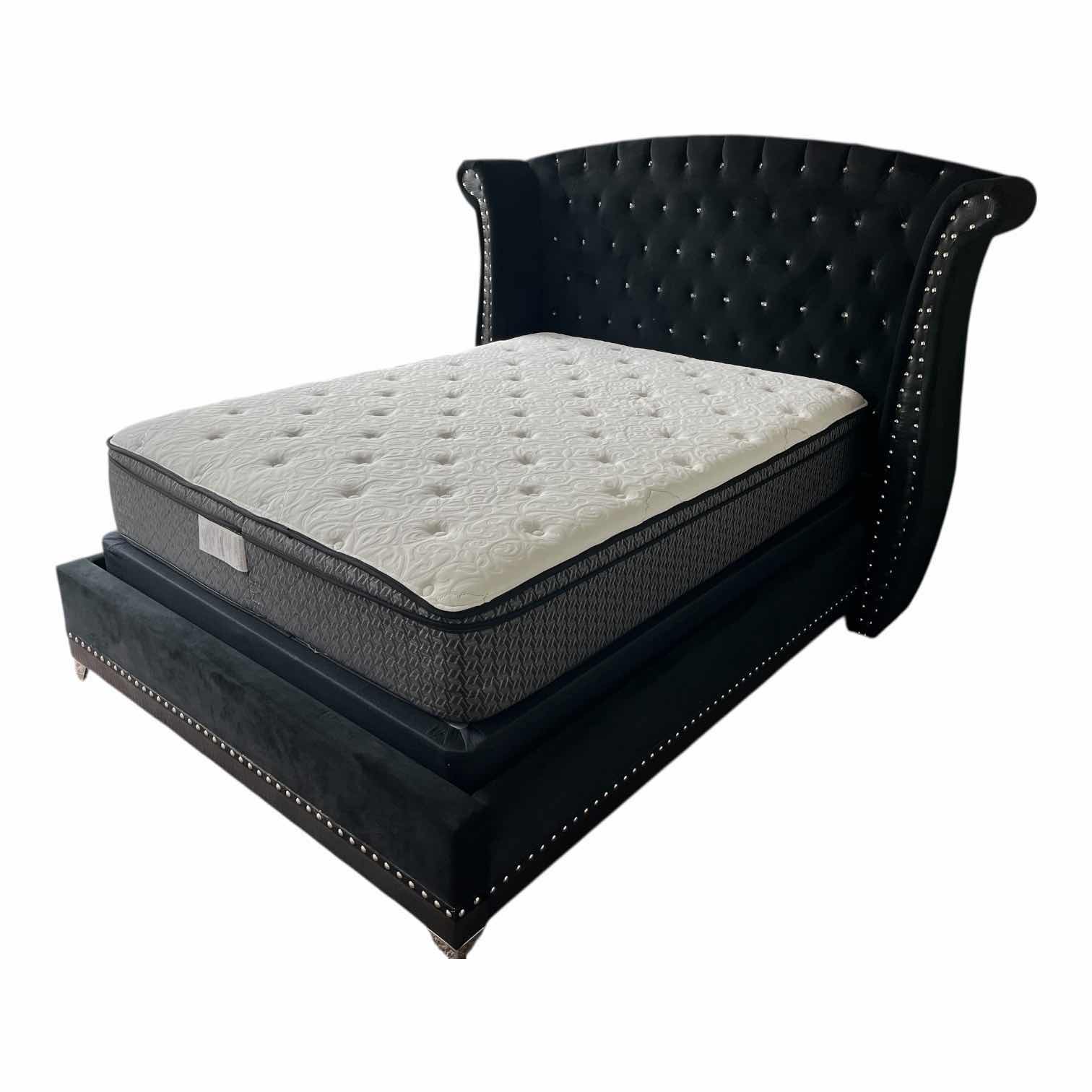 Photo 1 of COASTER BARZINI BLACK UPHOLSTERED OUEEN PLATFORM BED W CORSICANA QUEEN MATTRESS & BOX SPRING (READ NOTES)