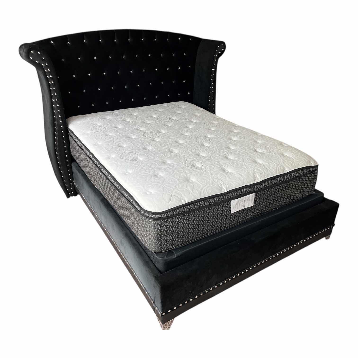Photo 1 of COASTER BARZINI BLACK UPHOLSTERED OUEEN PLATFORM BED W CORSICANA QUEEN MATTRESS & BOX SPRING (READ NOTES)