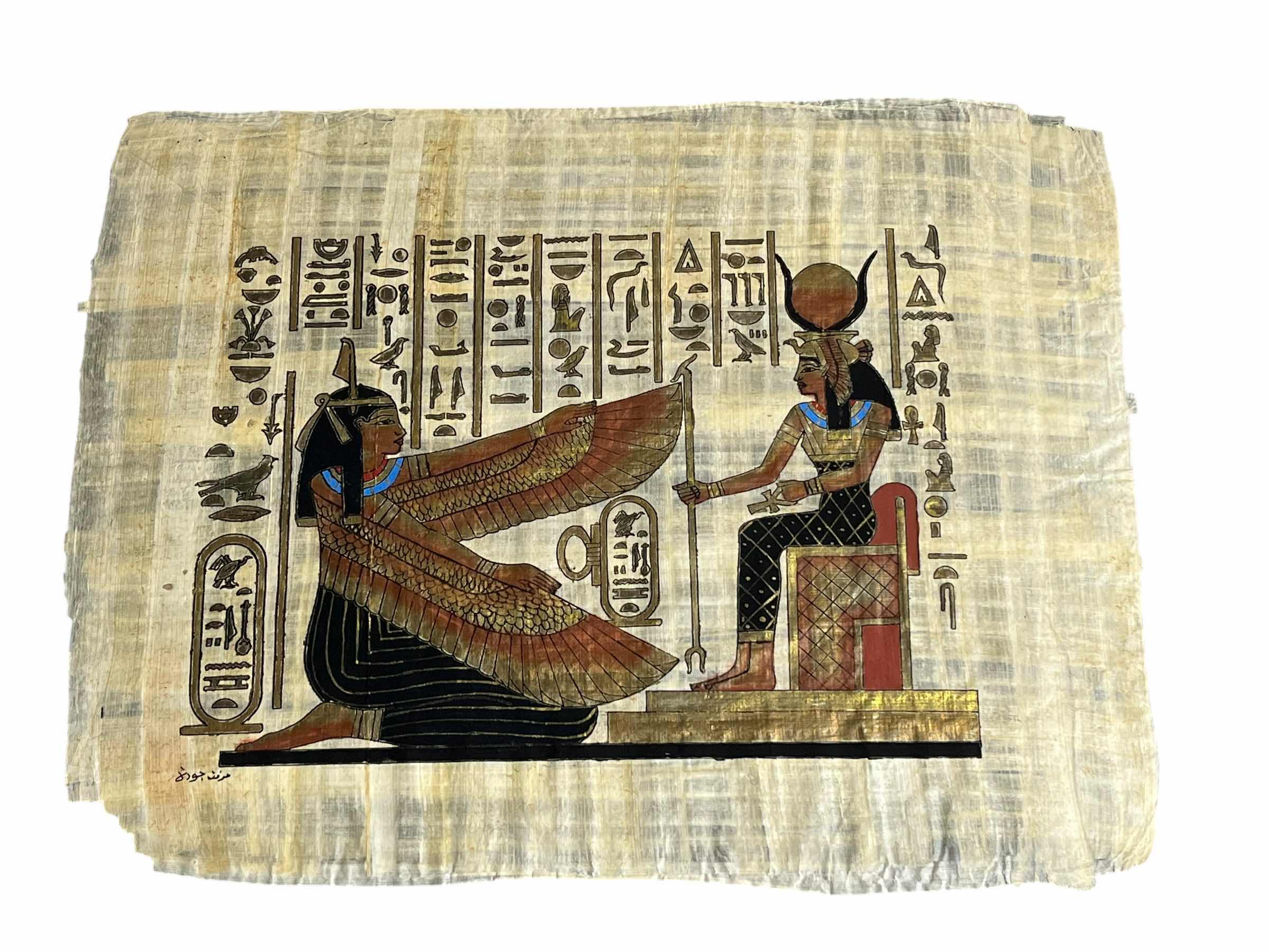 Photo 1 of ISIS AND HER HORNED CROWN FRAMED PAPYRUS ARTWORK SIGNED BY ARTIST W COA 21.5” X 17.5”