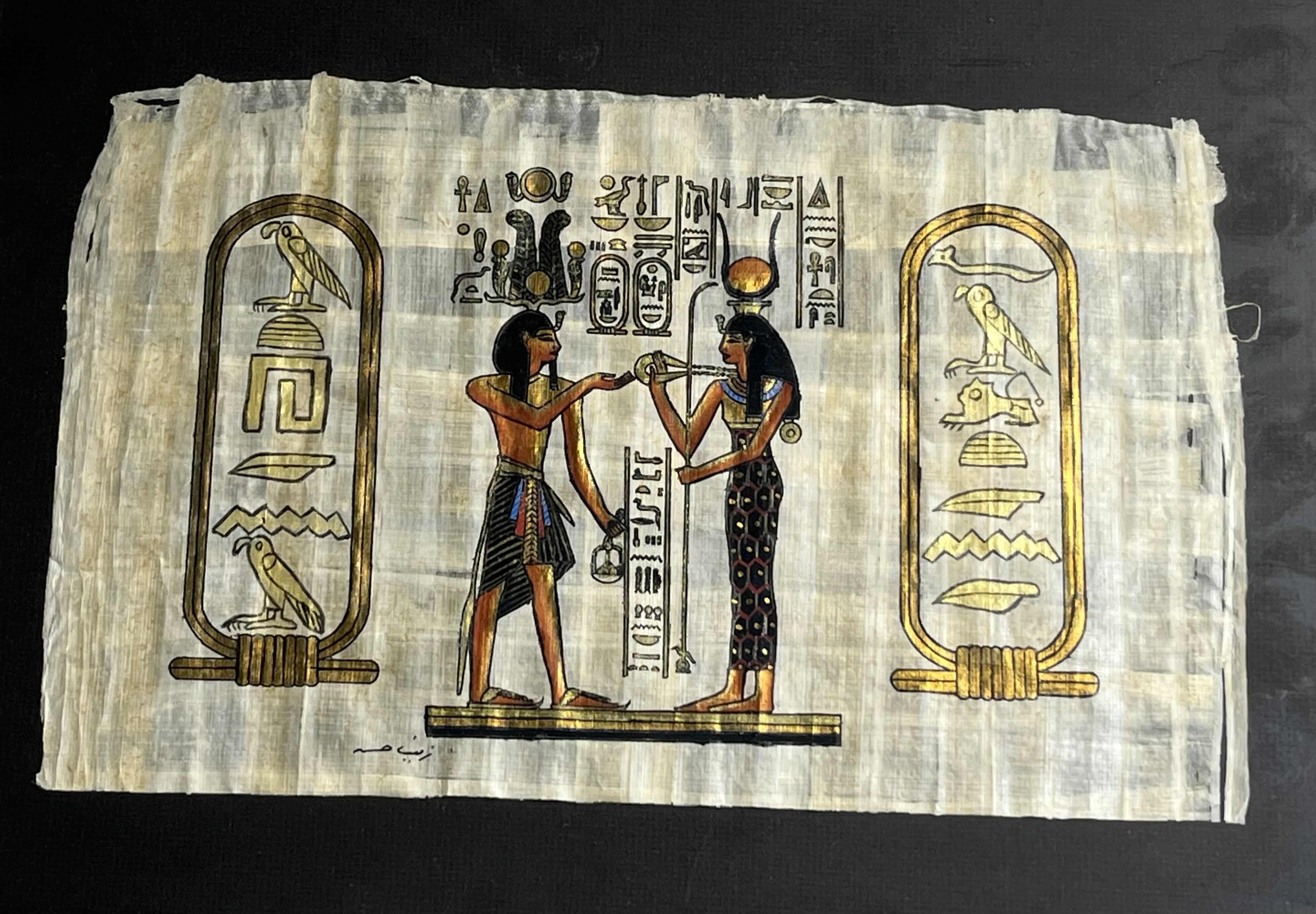 Photo 1 of EGYPTIAN GODDESS HATHOR & GODDESS ISIS PAPYRUS SIGNED BY ARTIST FRAMED ARTWORK 13” X 17”
