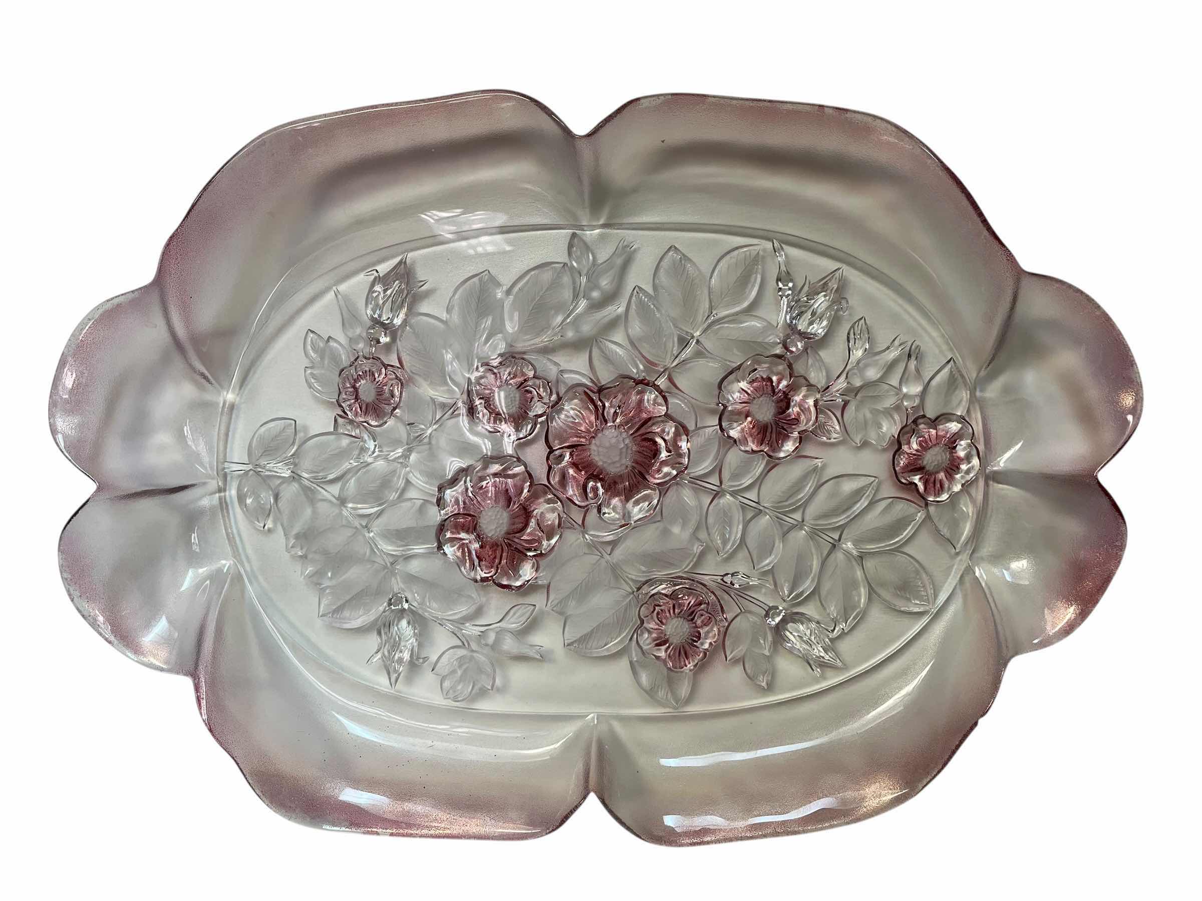 Photo 1 of MIKASA ROSELLE FLORAL DESIGN CLEAR & PINK CRYSTAL SERVING PLATTERS (2) 14” ,16”