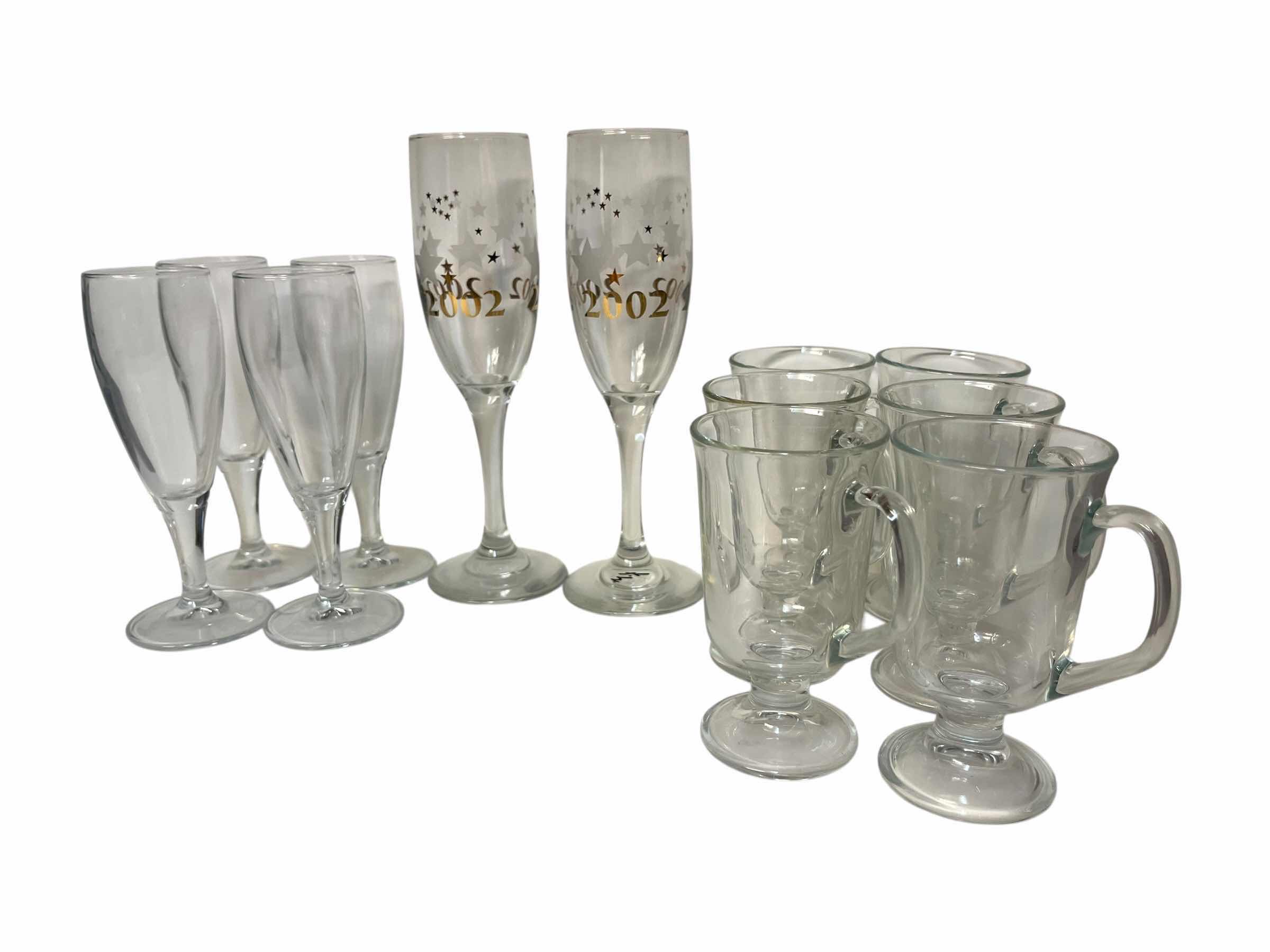 Photo 1 of 2002 NEW YEARS WINE GLASSES (2), WINE TASTING GLASSES (4) & IRISH COFFEE MUGS (6)