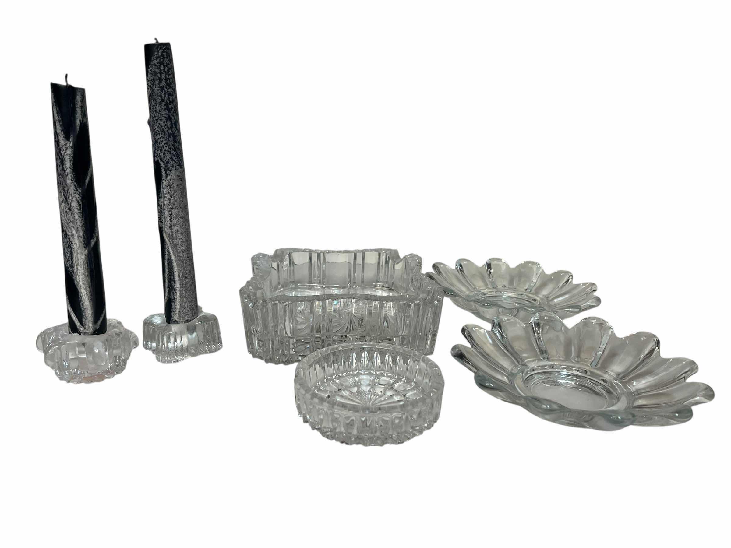 Photo 1 of CRYSTAL & GLASS ASHTRAYS (4) & CANDLE HOLDERS (2)