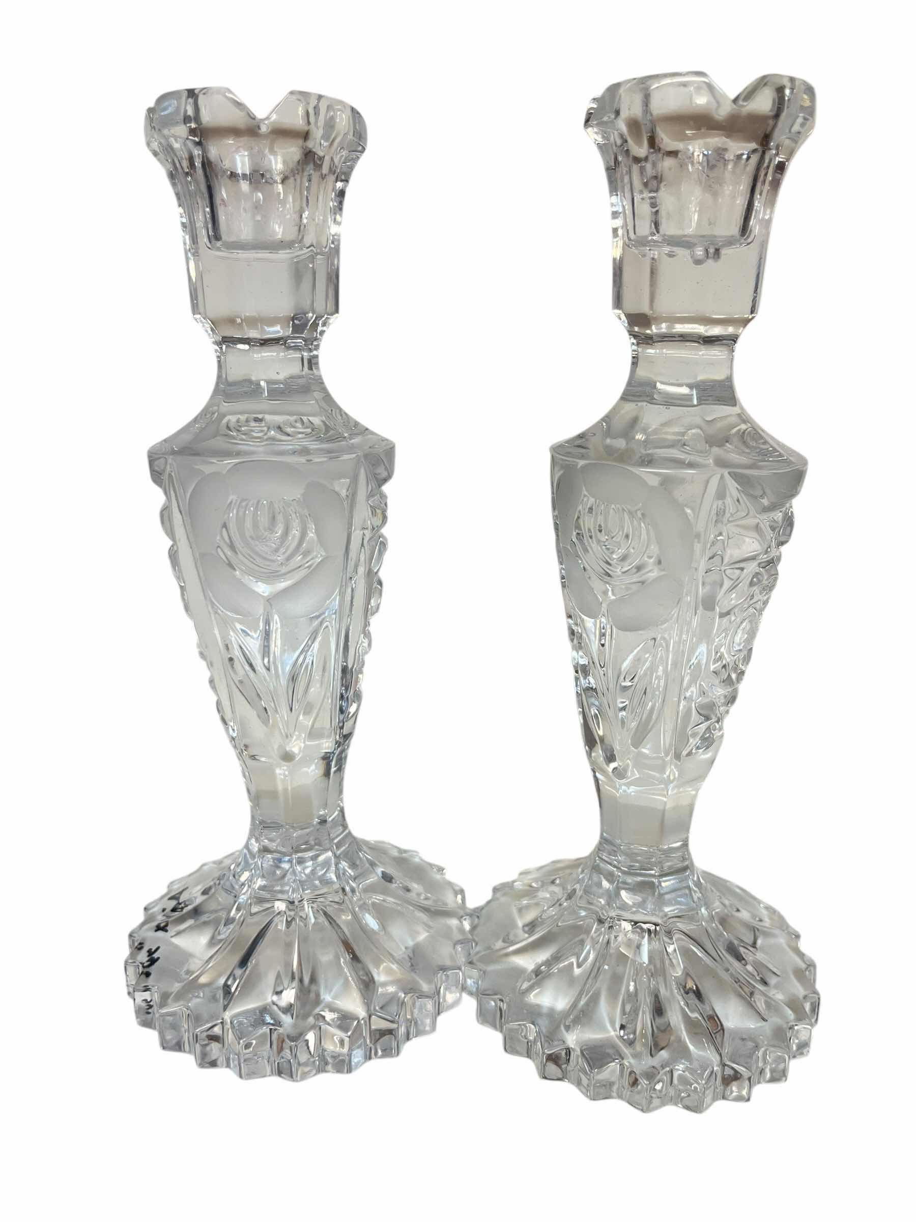 Photo 1 of LEONARD SILVER CRYSTAL FROSTED ROSES CANDLE HOLDERS (2) H8”