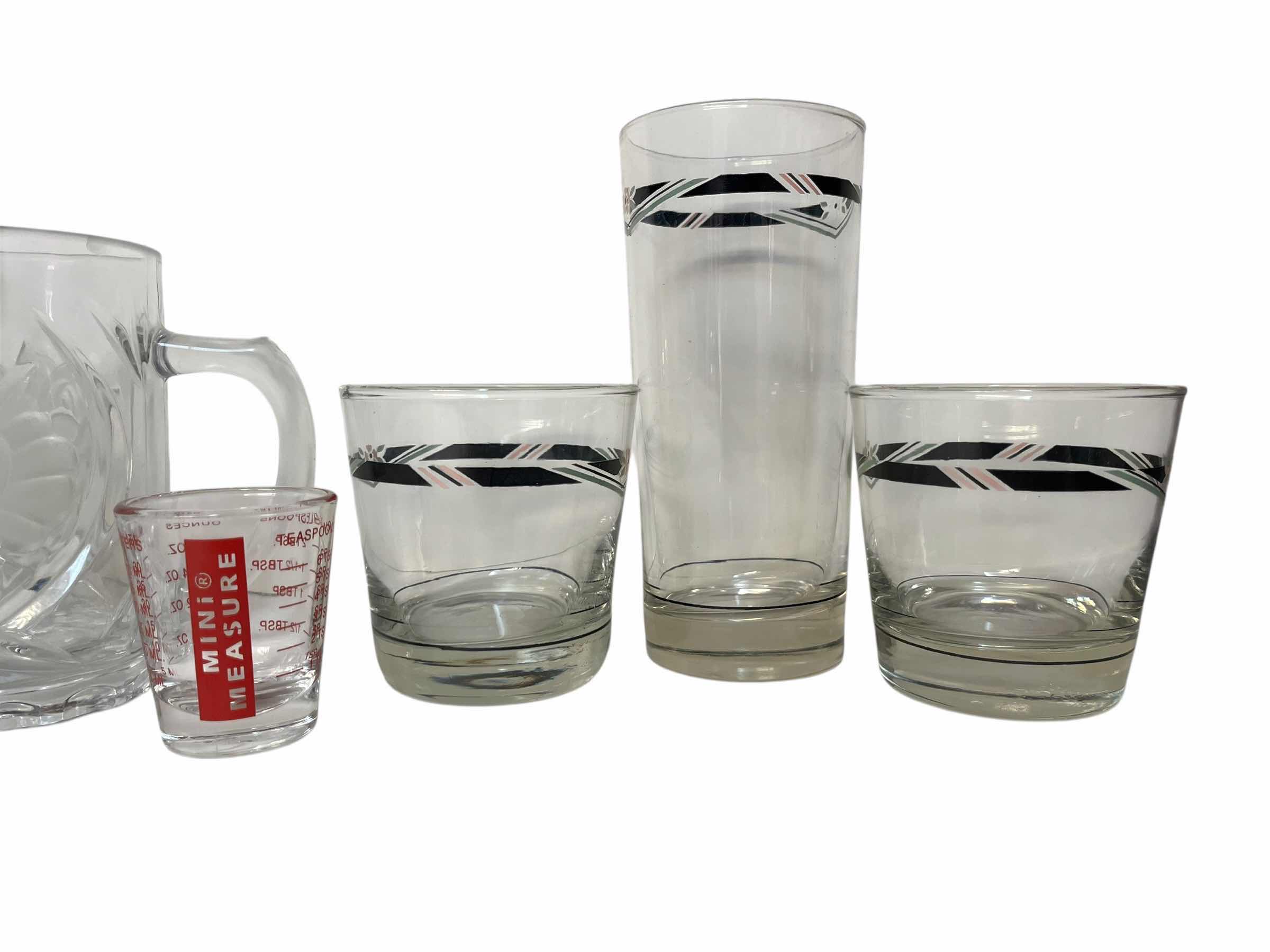 Photo 1 of DECORATIVE DRINKING GLASSES (3), ROSE FROSTED MUGS (2) & MEASURED SHOT GLASS