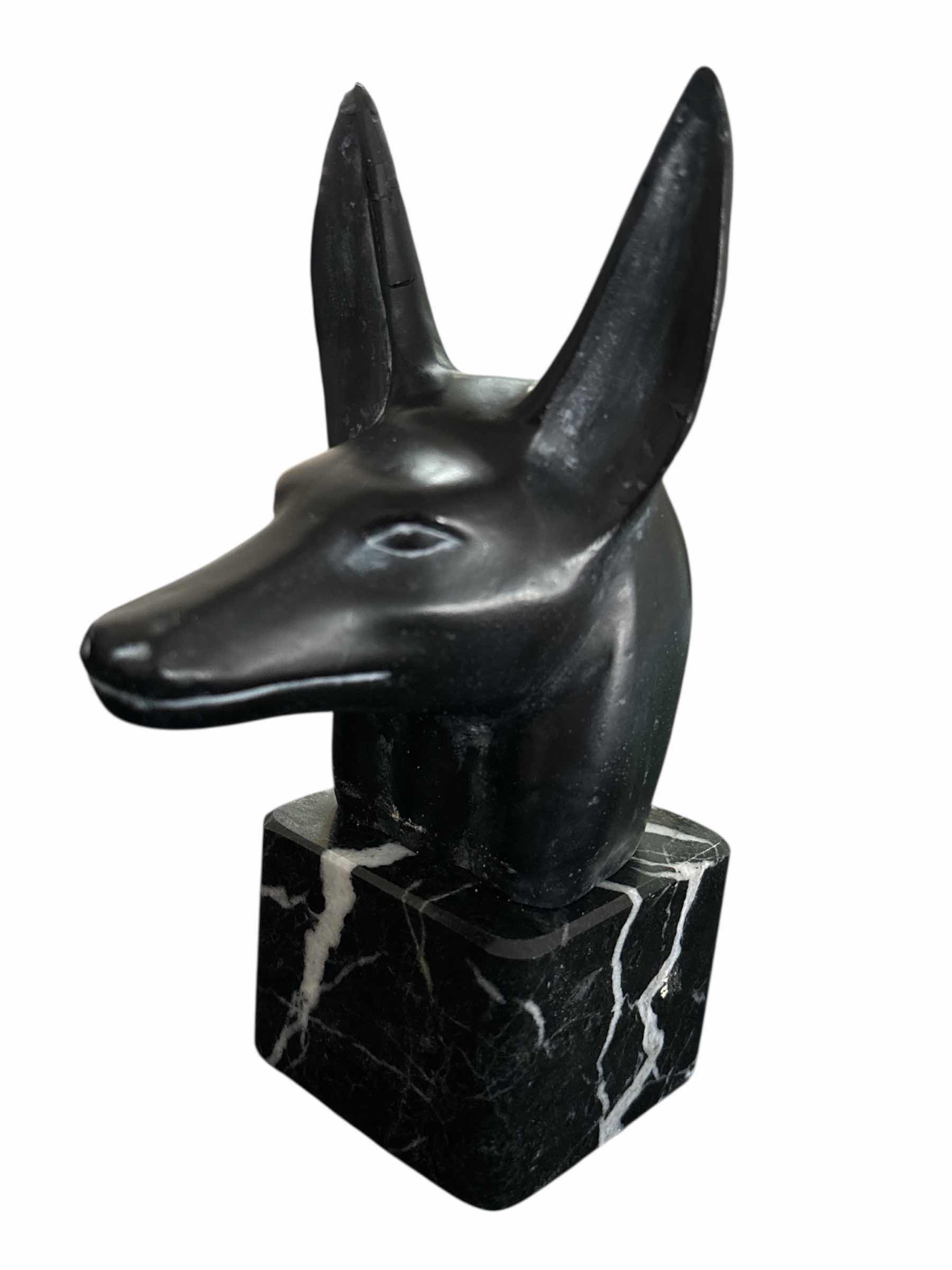 Photo 1 of HEAD OF ANUBIS BUST W MARBLE BASE 6.75”, CASTING STONE/BLACK BASALT