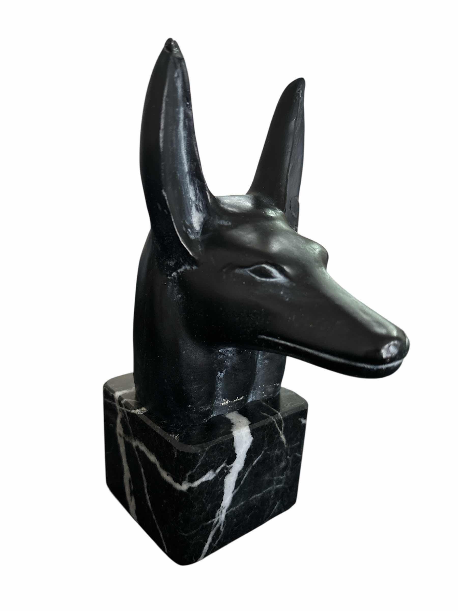 Photo 1 of HEAD OF ANUBIS BUST W MARBLE BASE 6.75”, CASTING STONE/BLACK BASALT