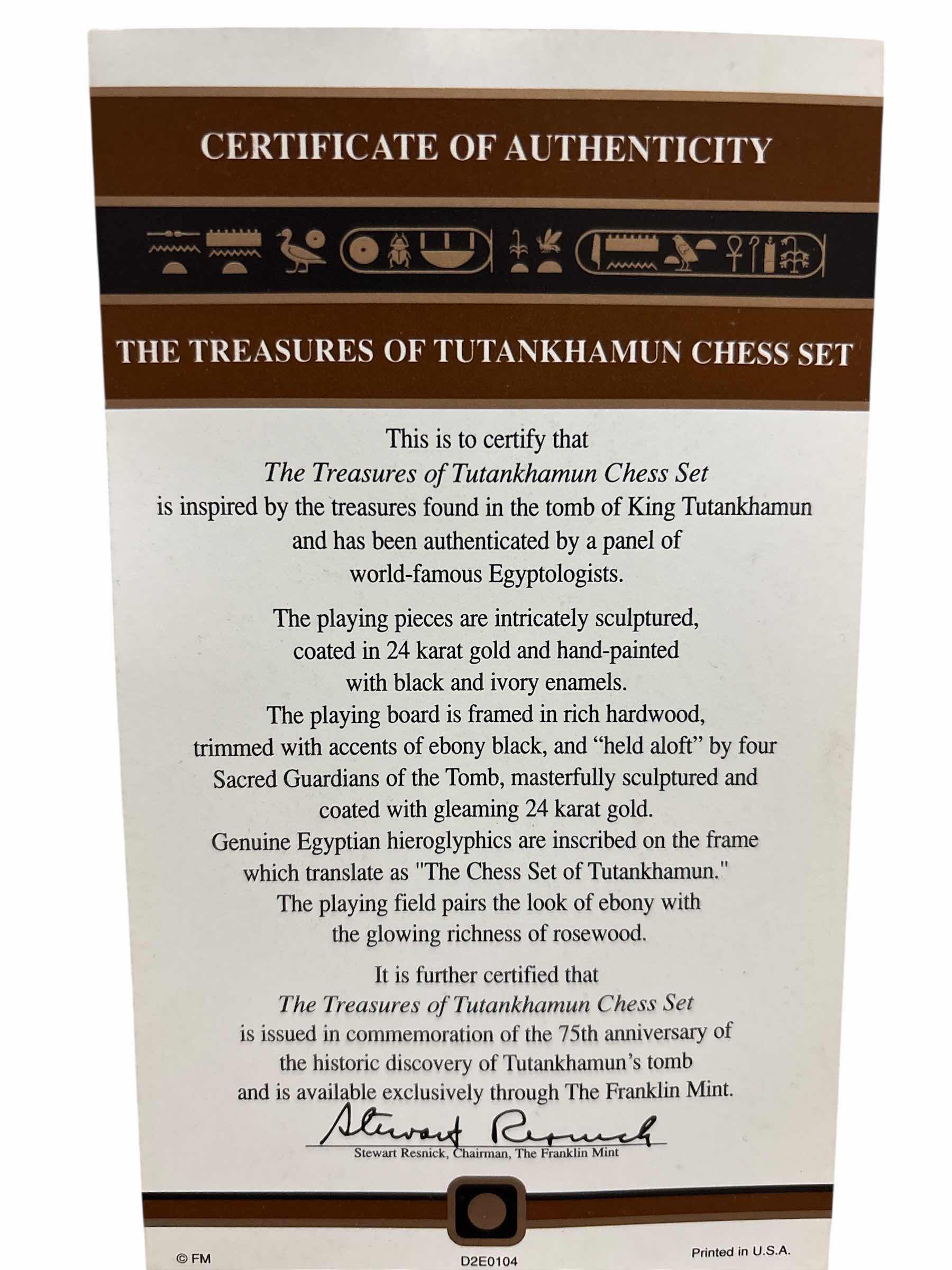 Photo 1 of THE FRANKLIN MINT YR’1989 ‘THE TREASURES OF TUTANKHAMUN CHESS SET W  24K GOLD PLATED PCS & COA (READ NOTES)
