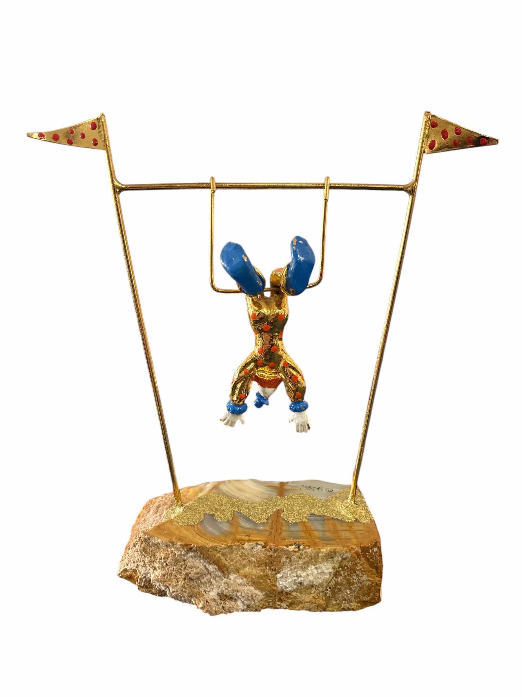 Photo 1 of VINTAGE SIGNED JuDi ORIGINALS 24K GOLD PLATED CLOWN ON TRAPEZE 8” SCULPTURE ON ONYX BASE// NOT RON LEE