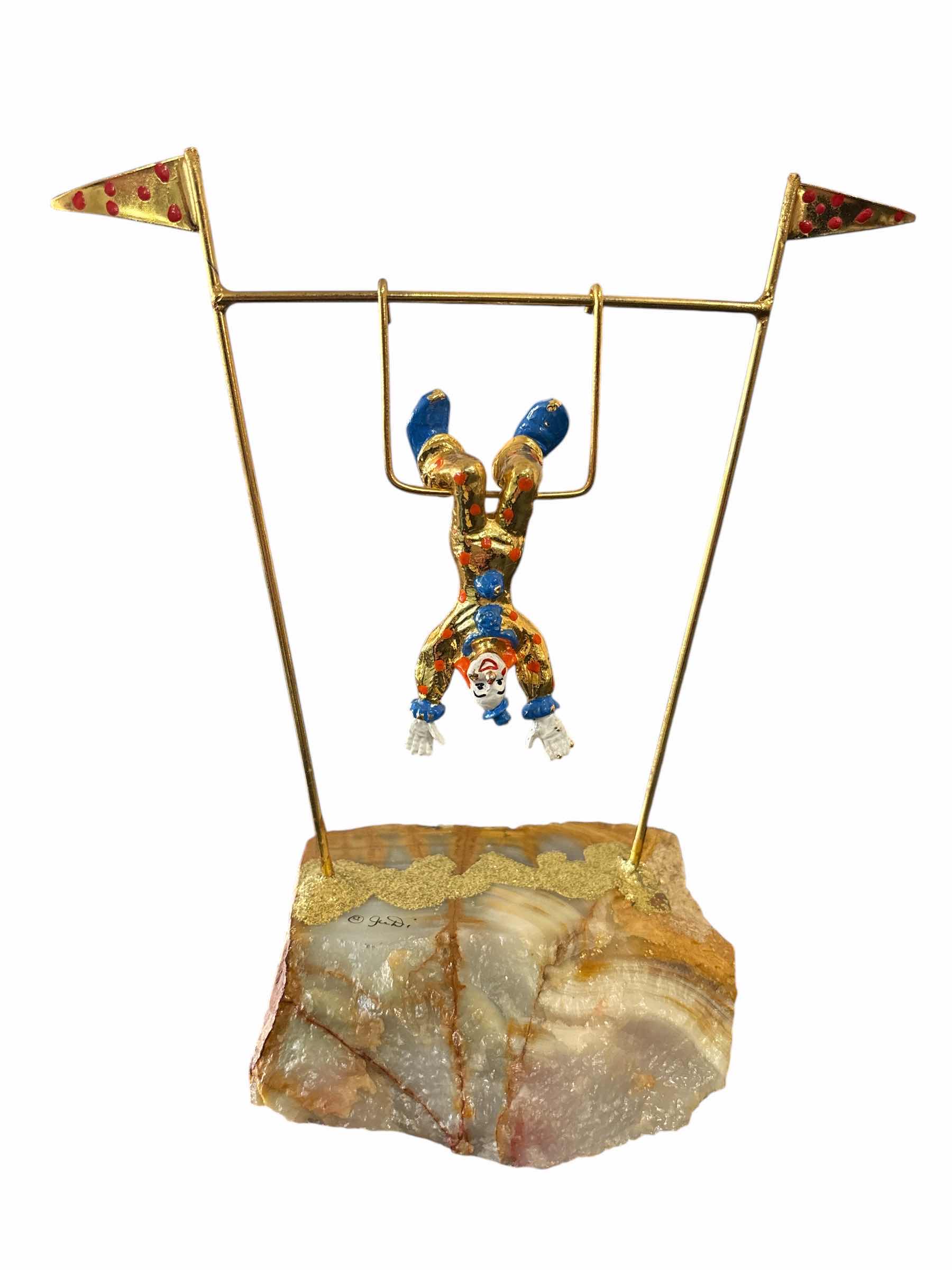 Photo 1 of VINTAGE SIGNED JuDi ORIGINALS 24K GOLD PLATED CLOWN ON TRAPEZE 8” SCULPTURE ON ONYX BASE// NOT RON LEE