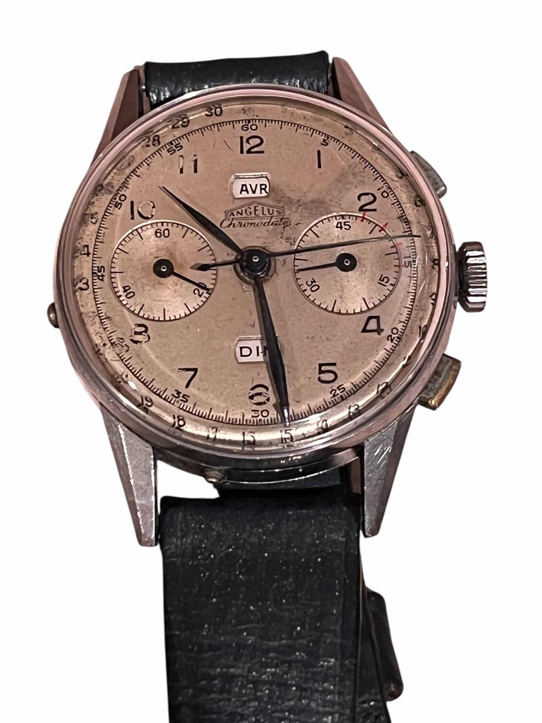 Photo 1 of ANGELUS CHRONODATE TRIPLE CALENDAR 38MM WATCH W LEATHER STRAP (226532)