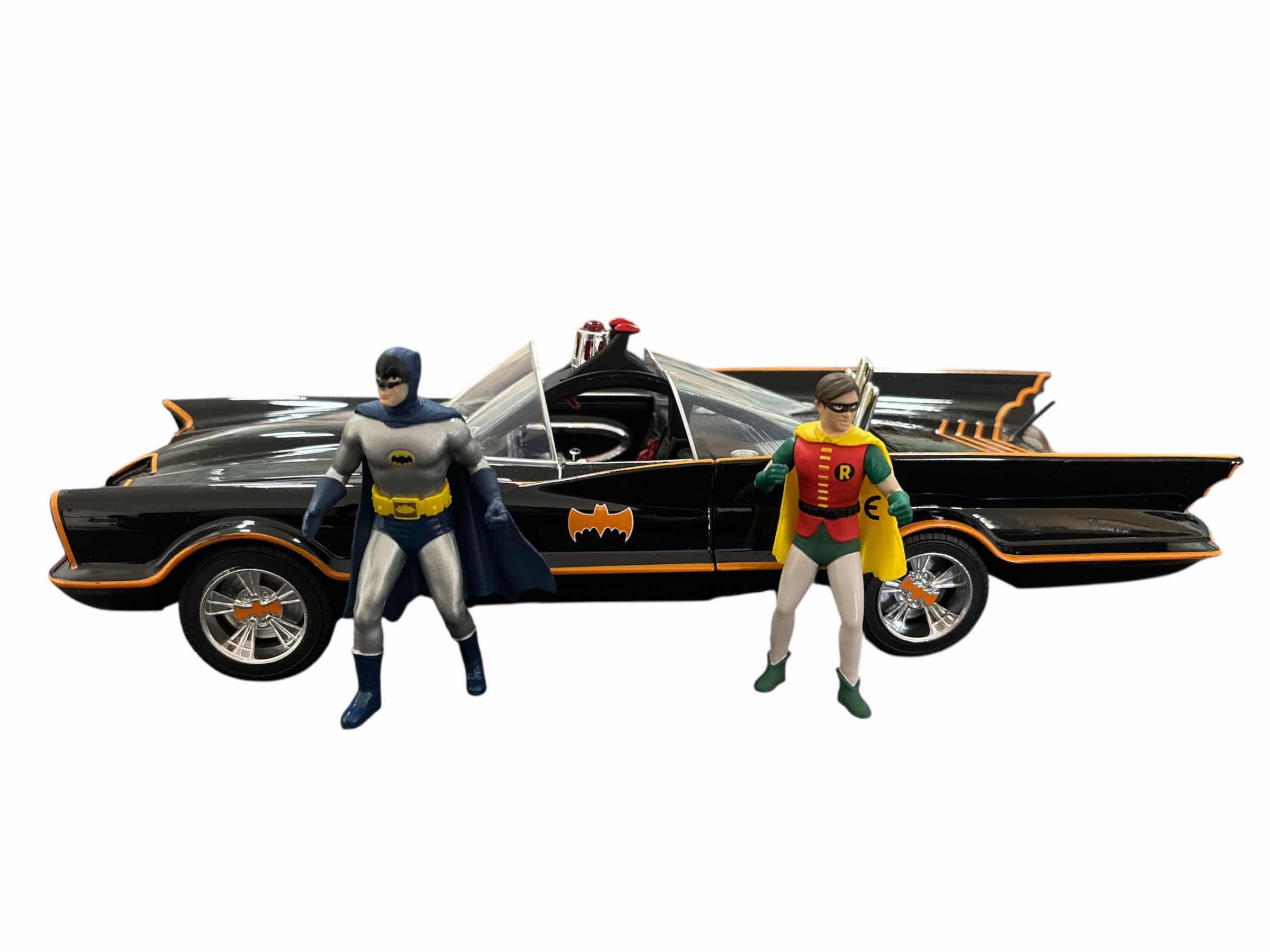 Photo 1 of JADA TOYS CLASSIC TV SERIES BATMOBILE W WORKING LIGHTS & 3” DIE-CAST BATMAN & ROBIN FIGURINES 1:18 SCALE