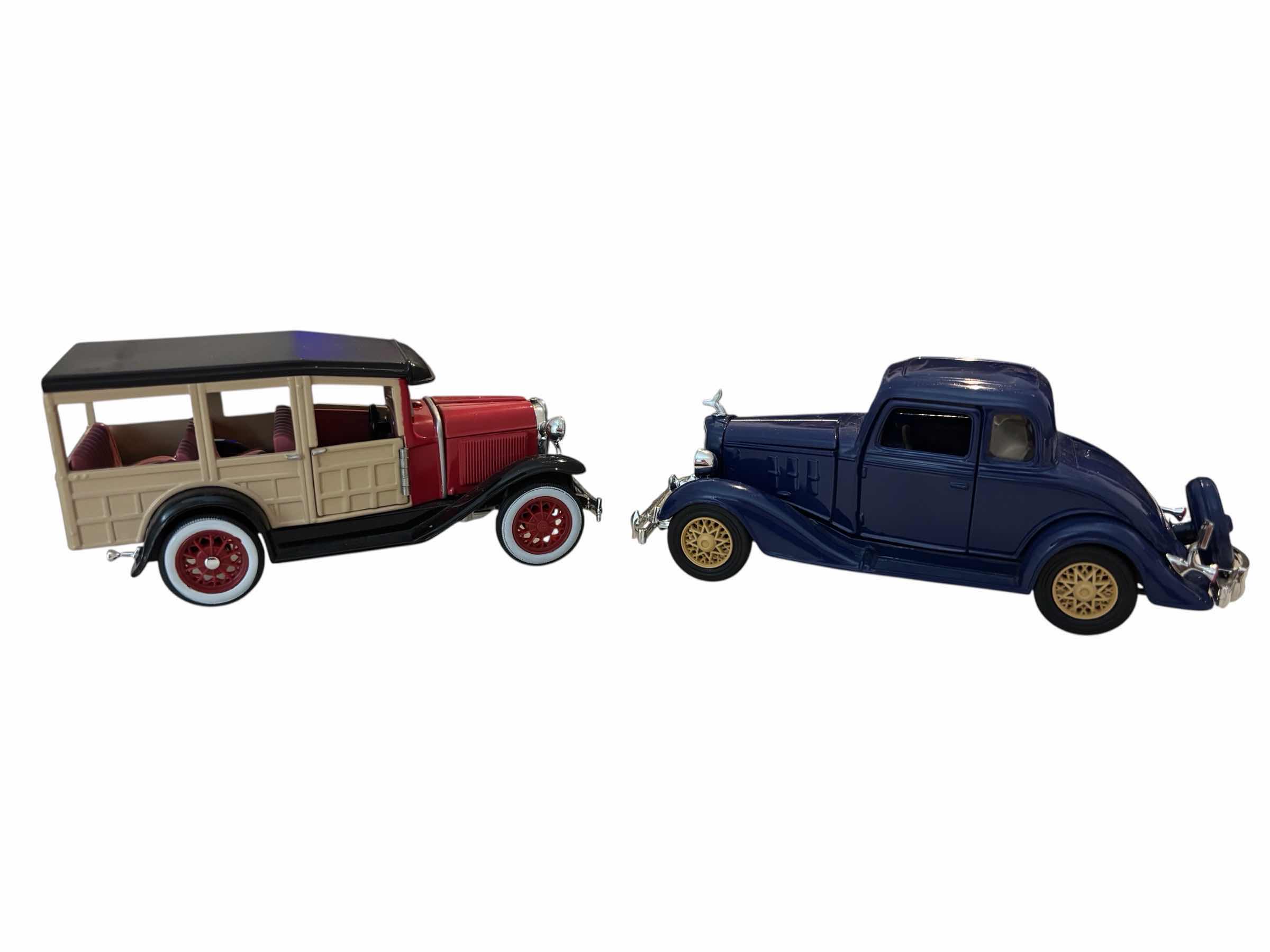 Photo 1 of 1929 FORD STATION WAGON TAN/RED & 1933 CHEVROLET EAGLE 2 PASSENGER 5 WINDOW COUPE  NAVY BLUE DIE-CAST MODELS