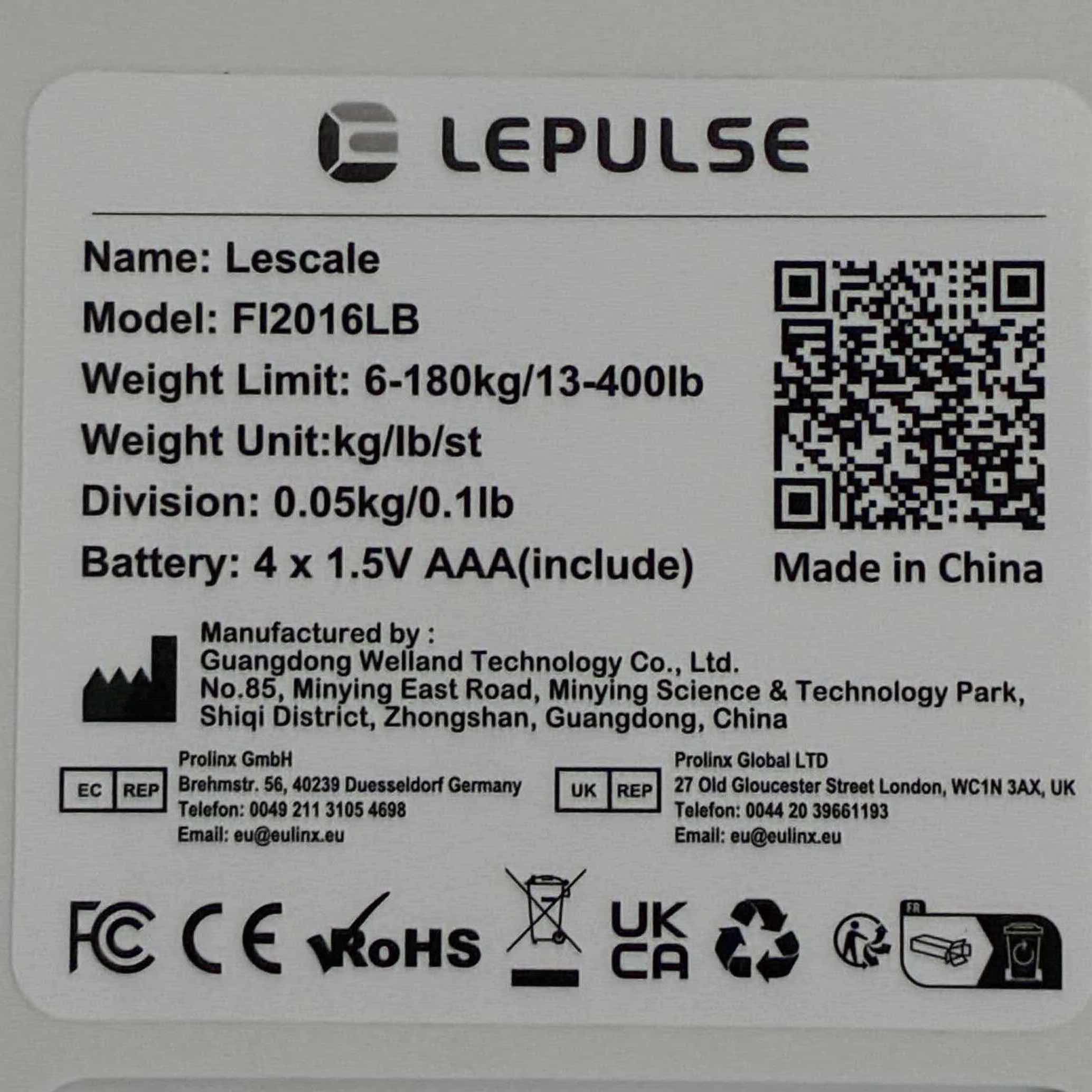 Photo 1 of LEPULSE LESCALE DIGITAL BODY SCALE FI2016LB