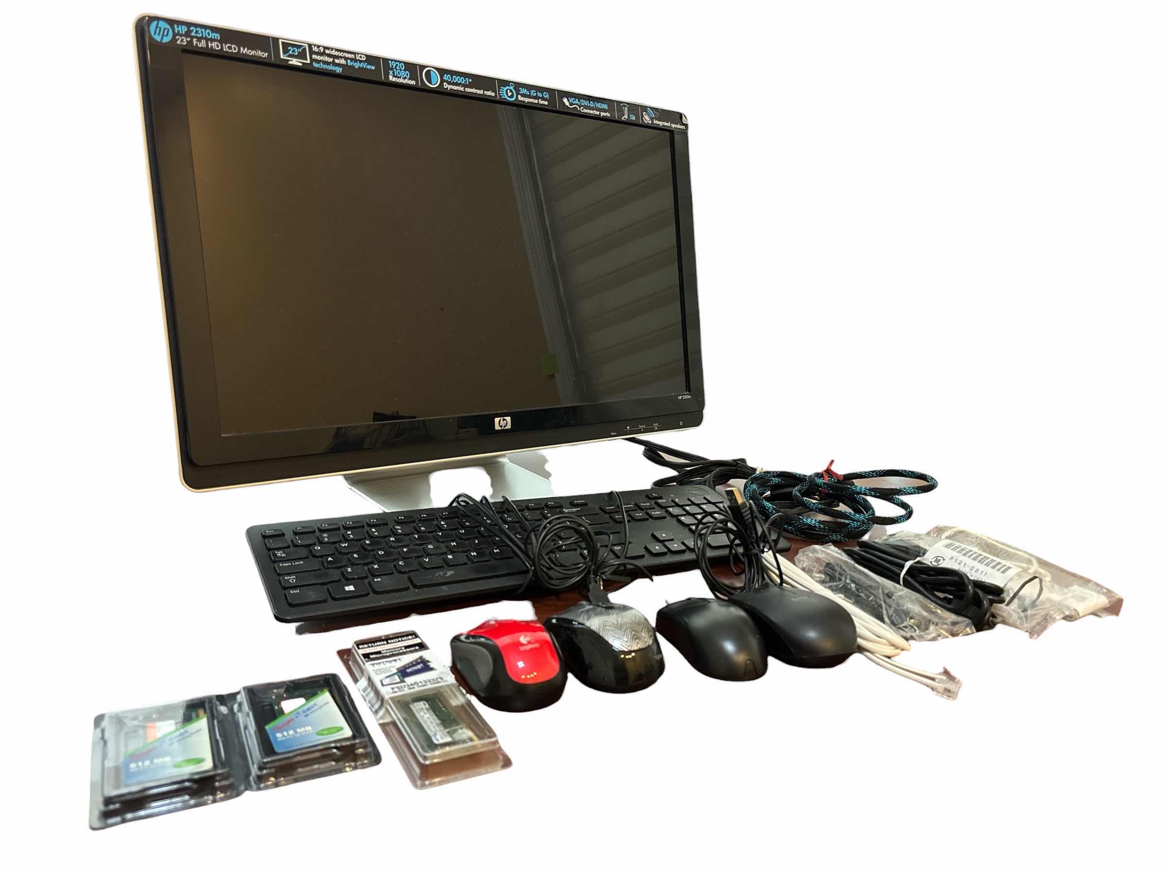 Photo 1 of HP 23” FULL HD LCD MONITOR (HP2310m), KEYBOARD, WIRED/WIRELESS MOUSE (4), CORDS & RAM