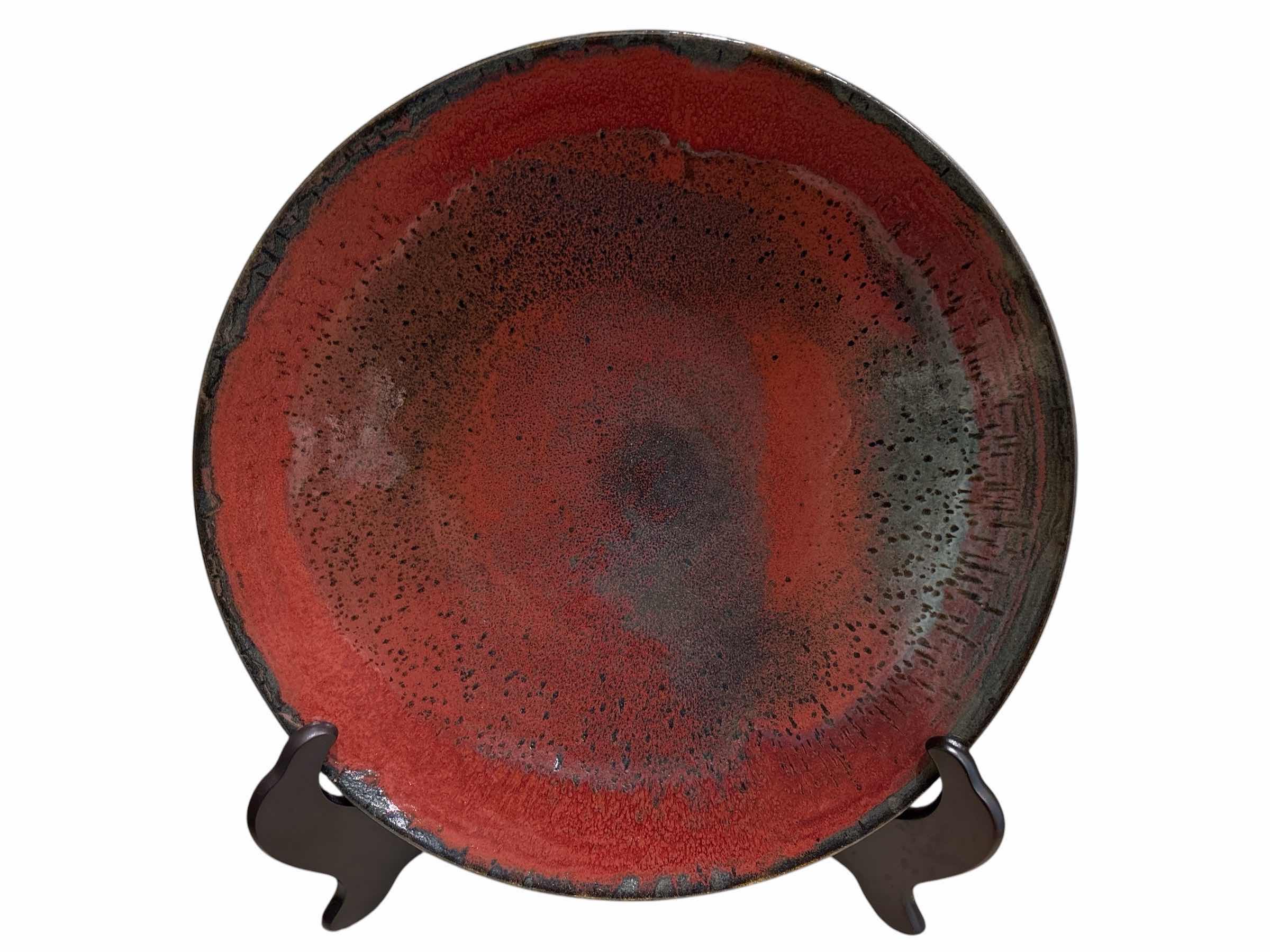 Photo 1 of HANDMADE 20” GLAZED POTTERY PLATTER SIGNED BY JOHN HEATON USA (BLACK/GRAY/RED) $200