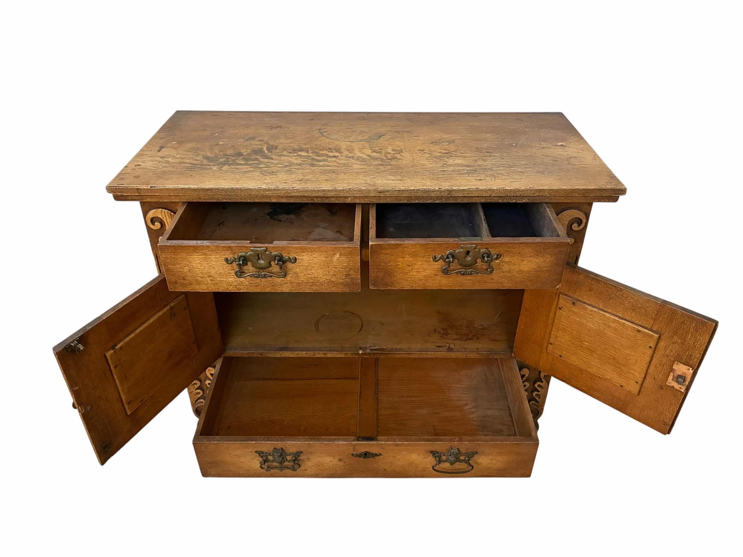 Photo 1 of ANTIQUE CARVED DISTRESSED WOOD CONSOLE TABLE 48” X 22” H36” $1395
