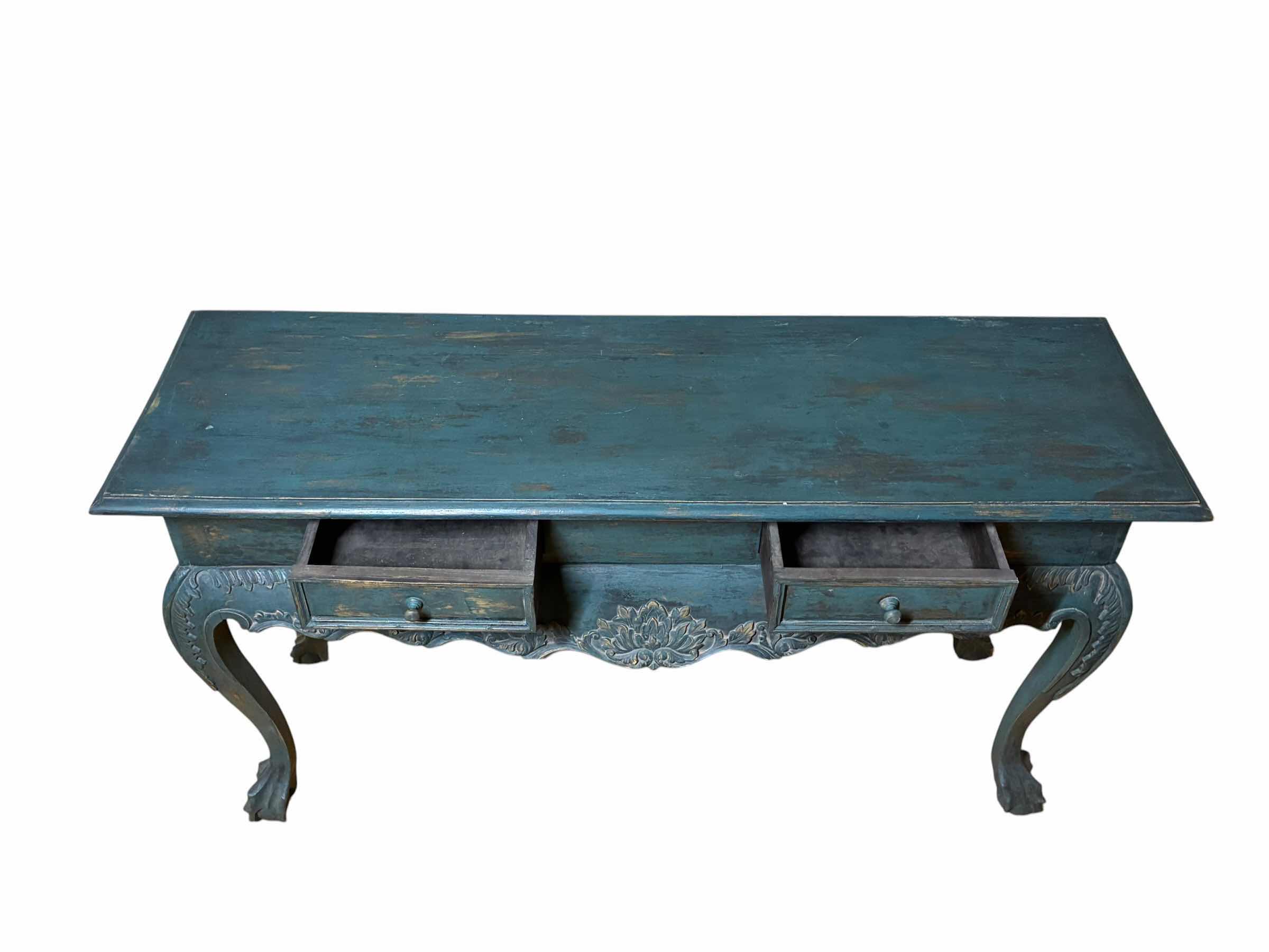 View 5 of ANTIQUE AGED TEAL FINISH SOLID WOOD CLAWFOOT TABLE 55” X 17” H30”
