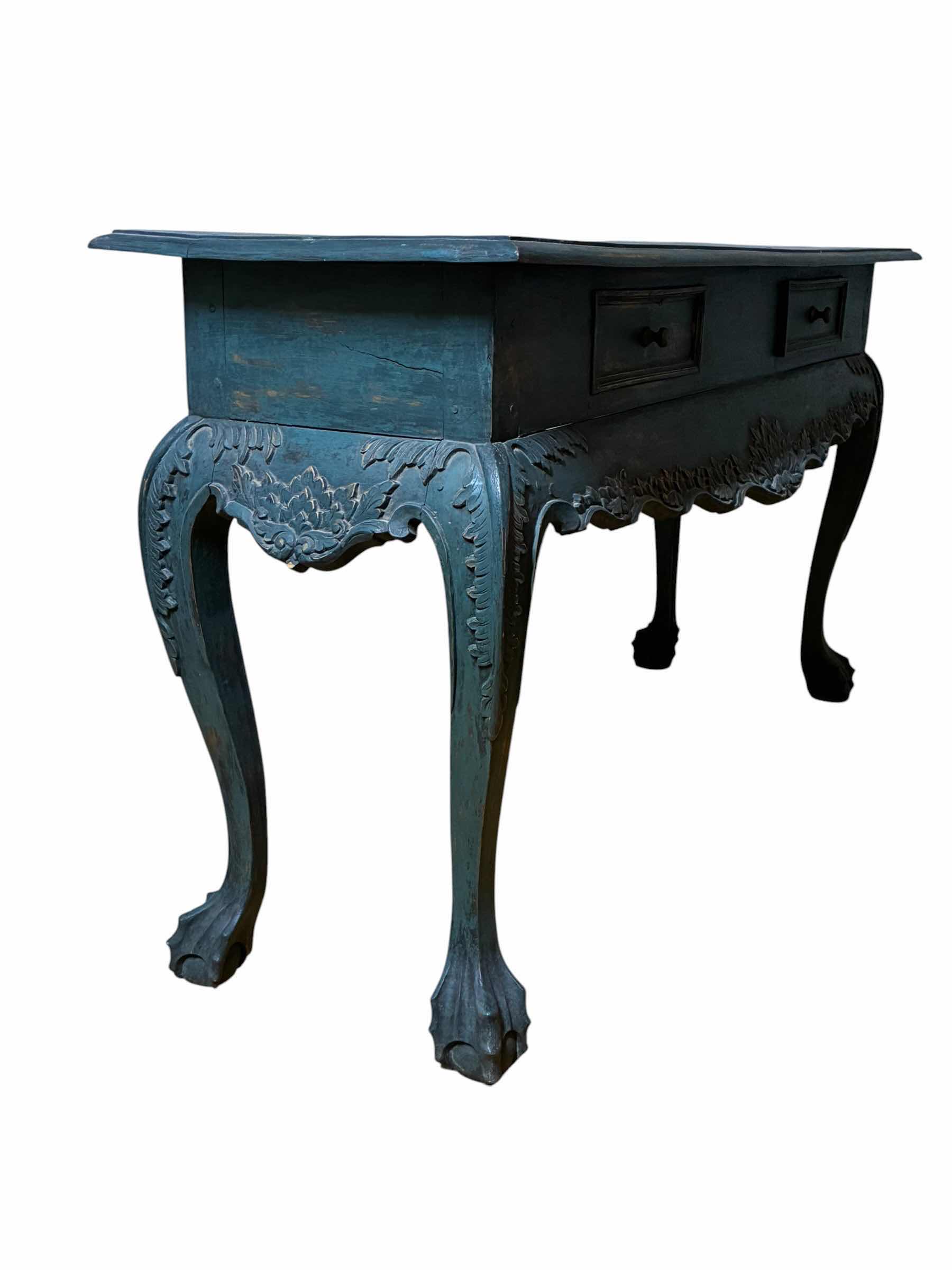 View 3 of ANTIQUE AGED TEAL FINISH SOLID WOOD CLAWFOOT TABLE 55” X 17” H30”