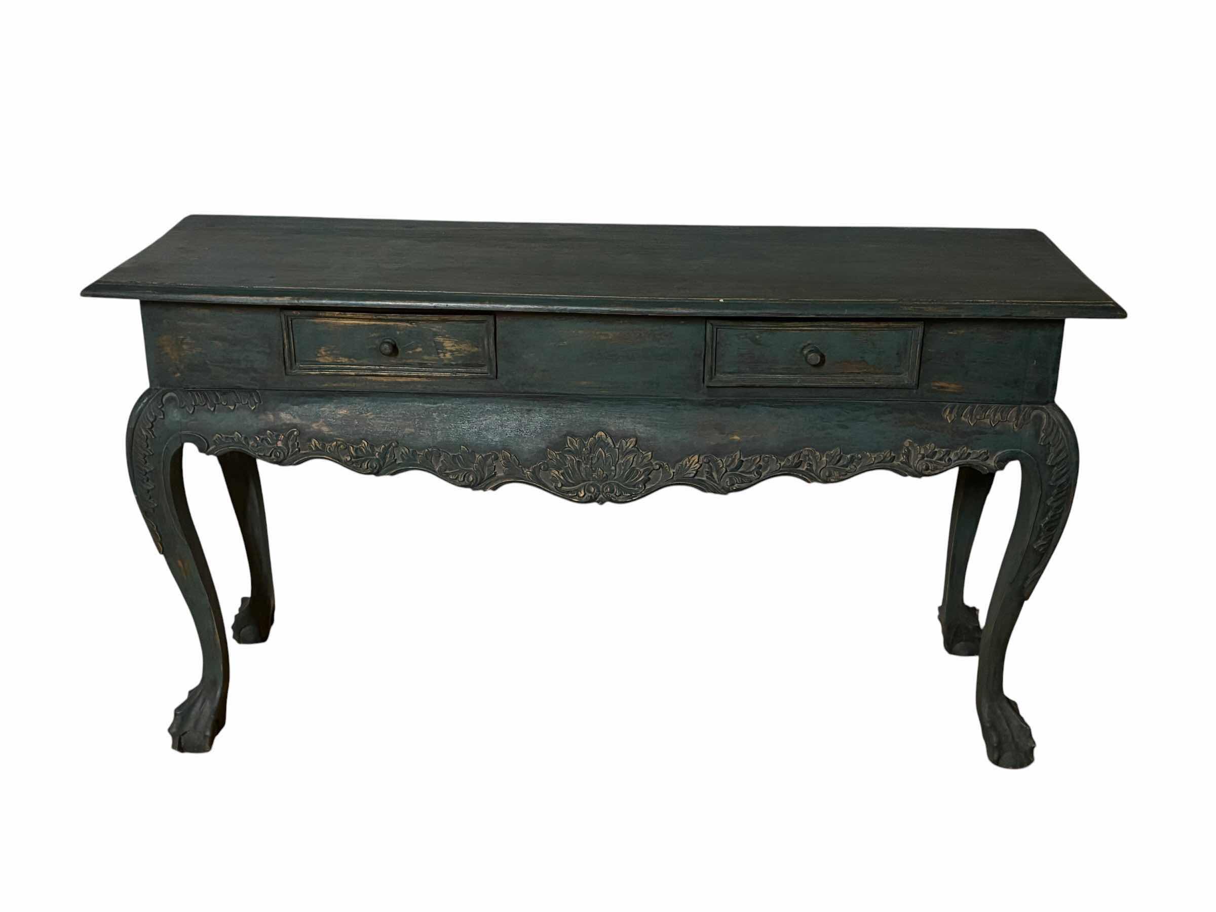 Photo 1 of ANTIQUE AGED TEAL FINISH SOLID WOOD CLAWFOOT TABLE 55” X 17” H30”