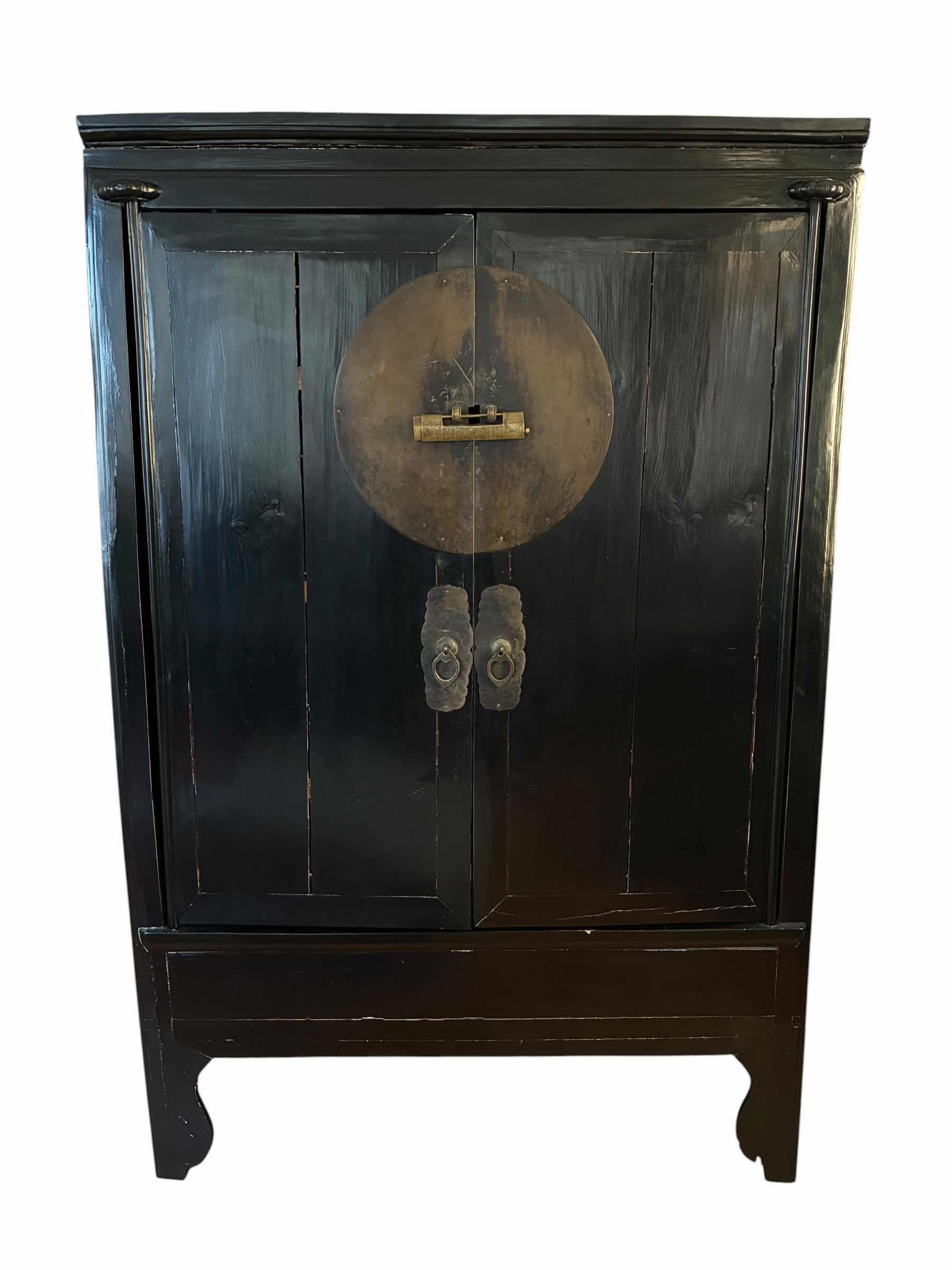 Photo 1 of ANTIQUE BLACK SOLID WOOD AGED BRASS 2-DOOR ARMOIRE W VINTAGE LOCK 43.5” X 26“ H67“