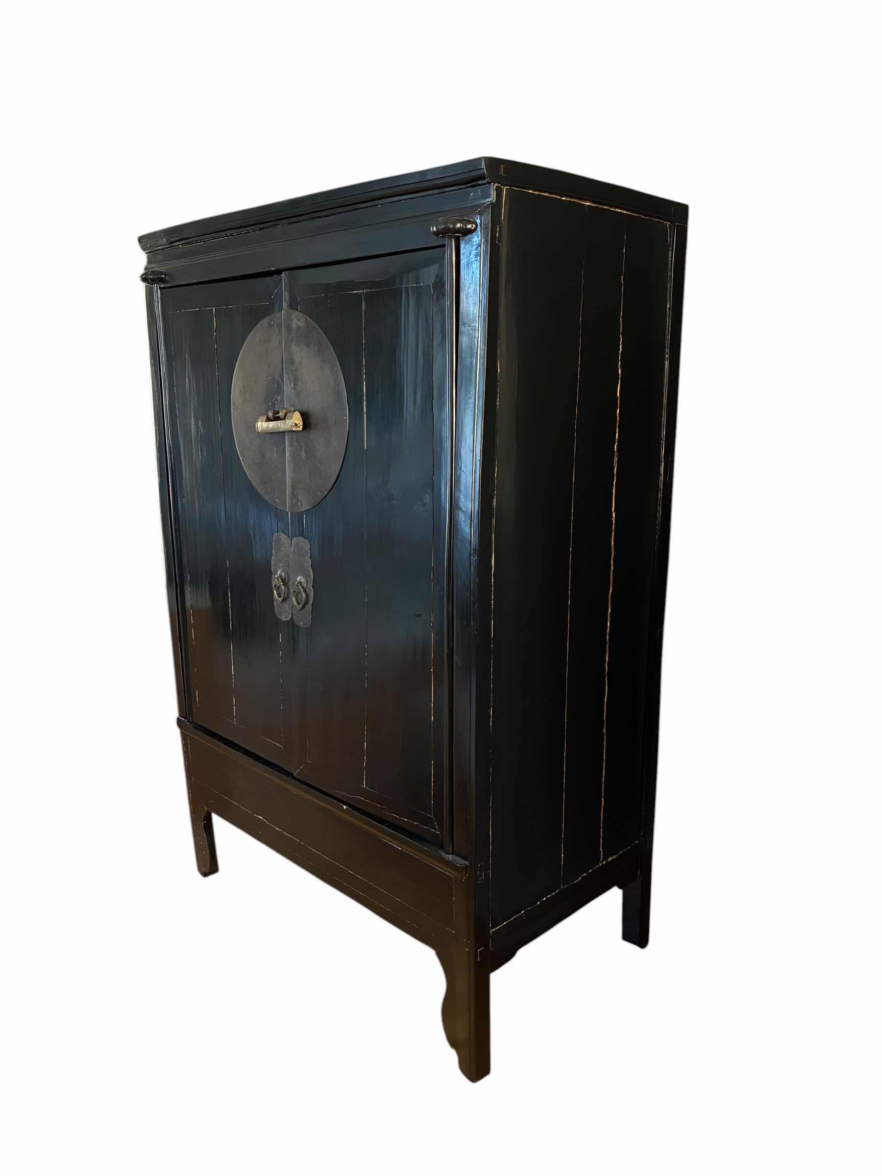 Photo 1 of ANTIQUE BLACK SOLID WOOD AGED BRASS 2-DOOR ARMOIRE W VINTAGE LOCK 43.5” X 26“ H67“