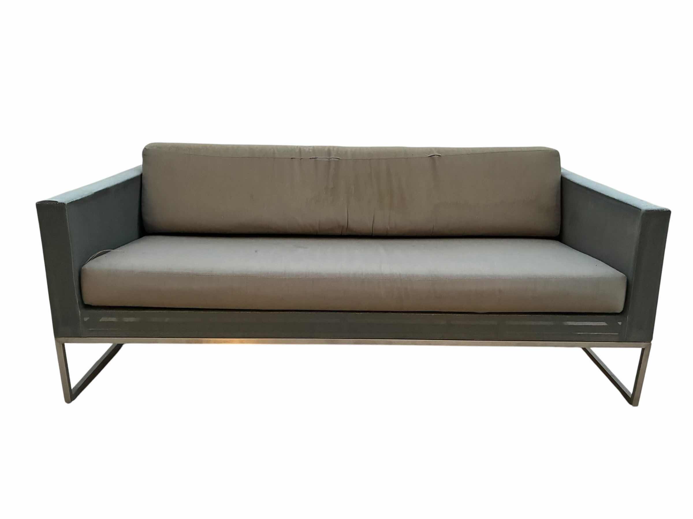 View 1 of BRUSH STEEL FRAME UPHOLSTERED PATIO SOFA W CUSHIONS 69” X 35” H24” $650