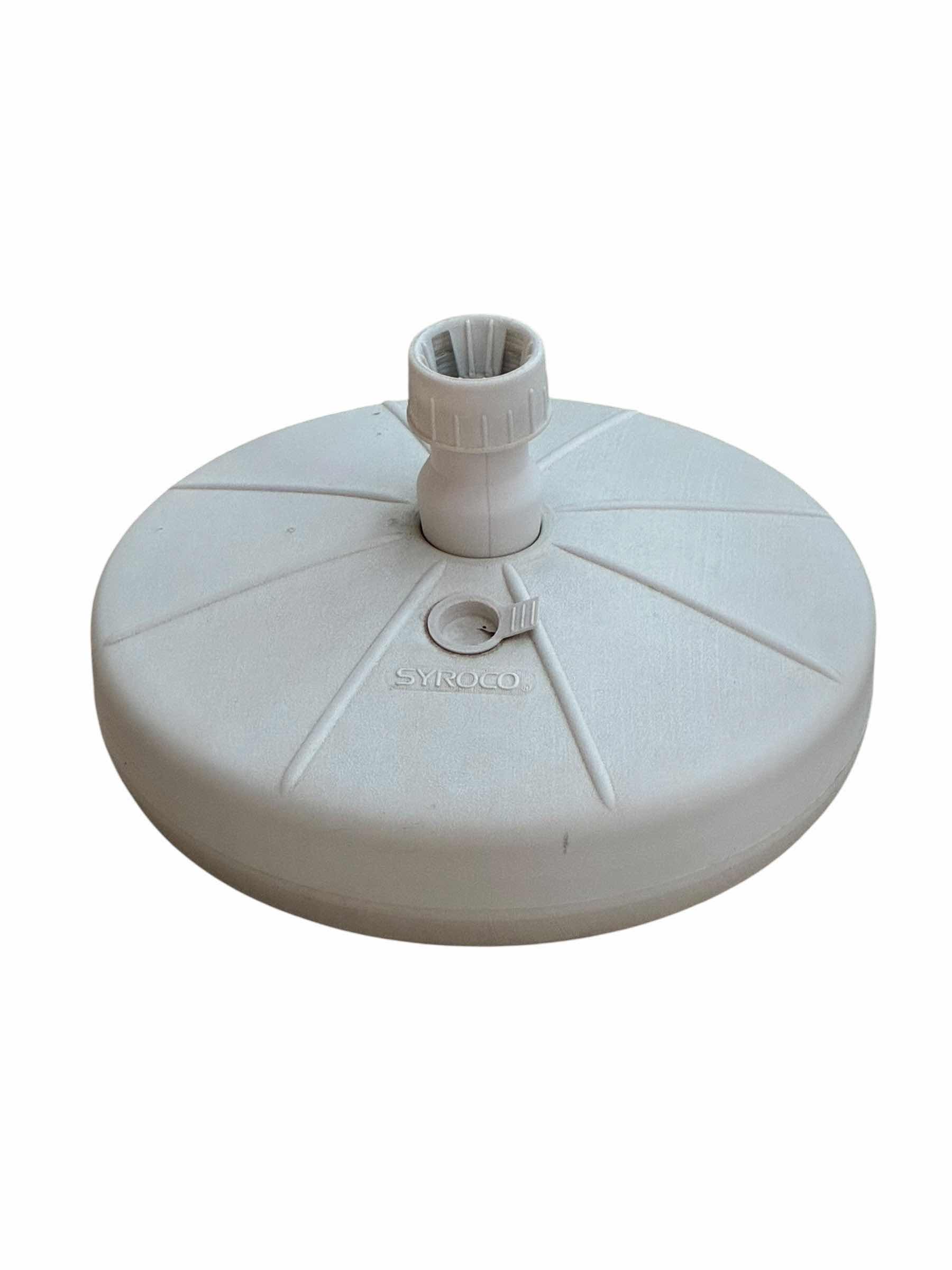 Photo 1 of SYROCO 5PC GLASS TOP ROUND TABLE SOLID PLASTIC CHAIR PATIO SET W UMBRELLA STAND