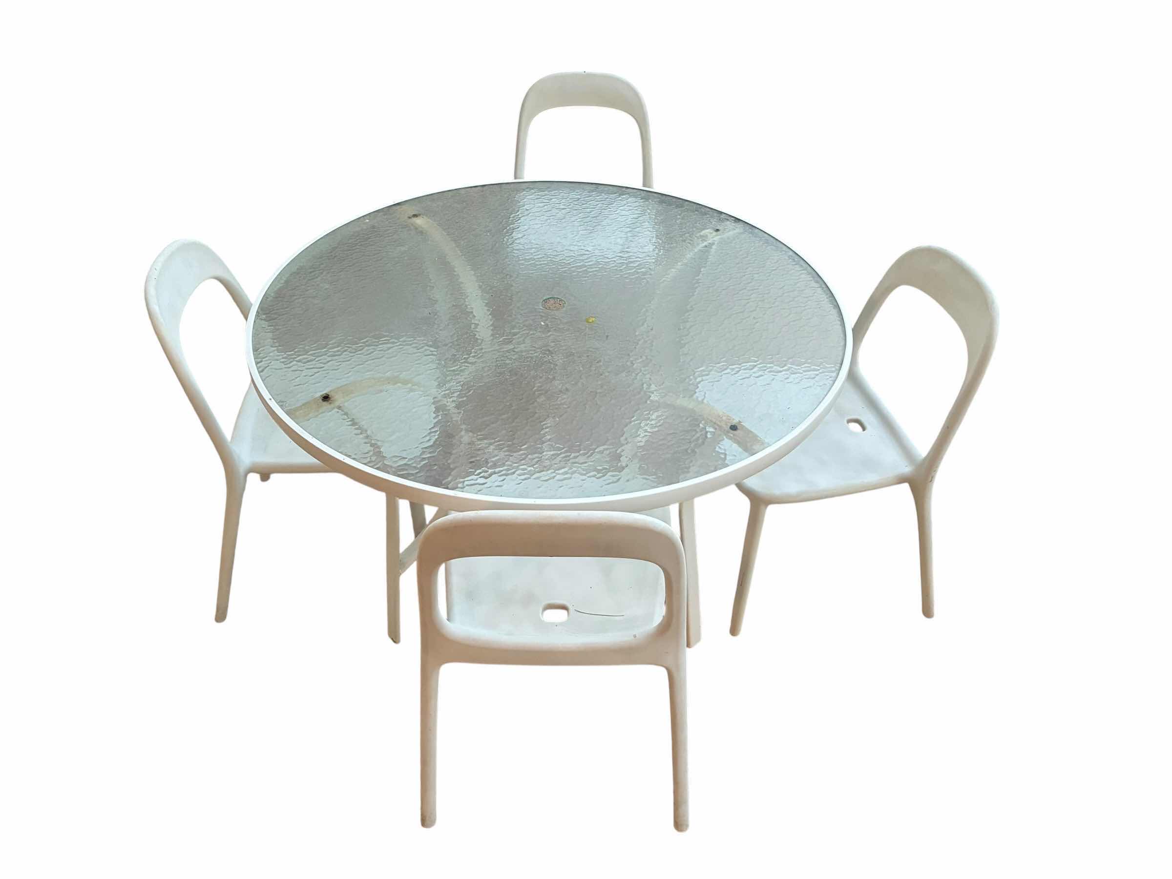 Photo 1 of SYROCO 5PC GLASS TOP ROUND TABLE SOLID PLASTIC CHAIR PATIO SET W UMBRELLA STAND