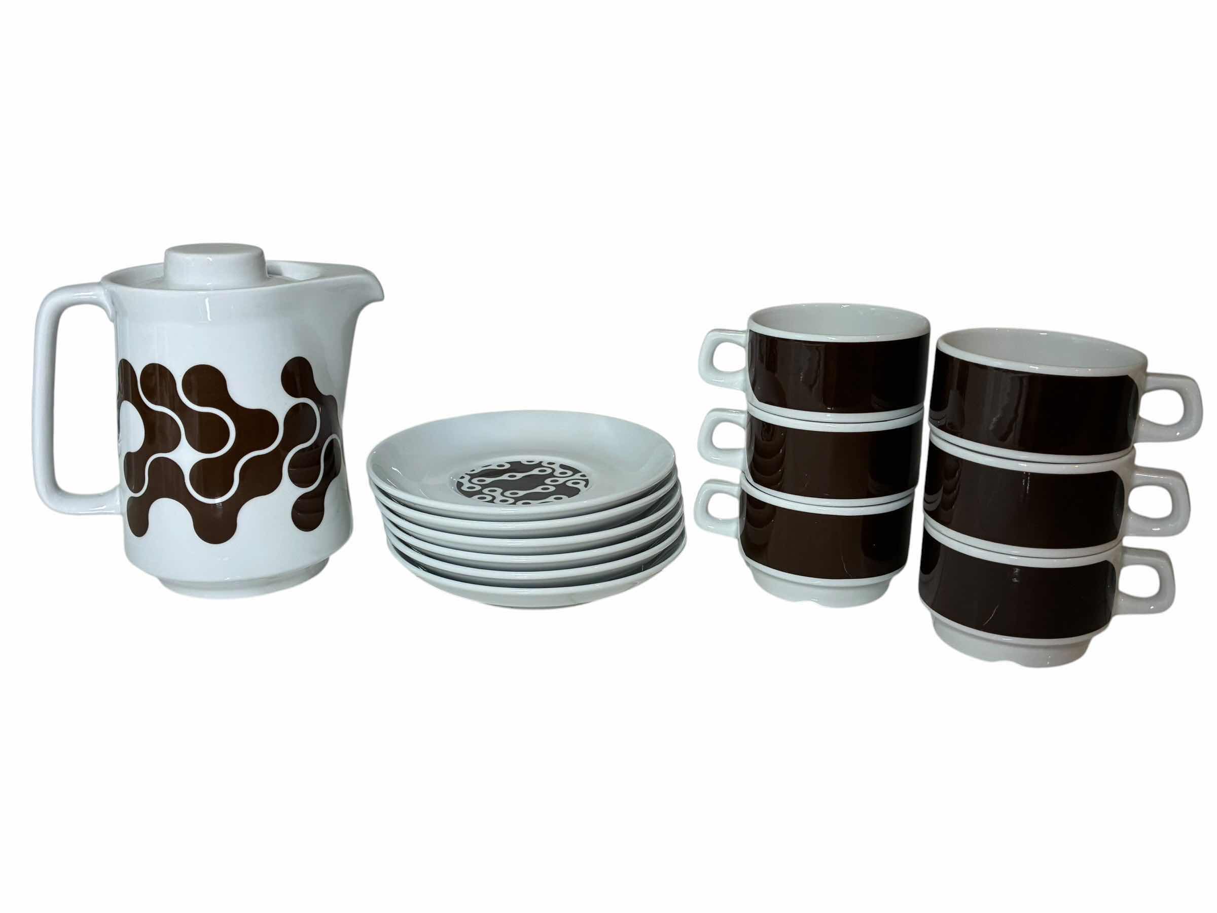 View 1 of NOT NEUTRAL POLAND 13PC BROWN/WHITE GEAR TEAPOT, TEA CUP & SAUCER SET